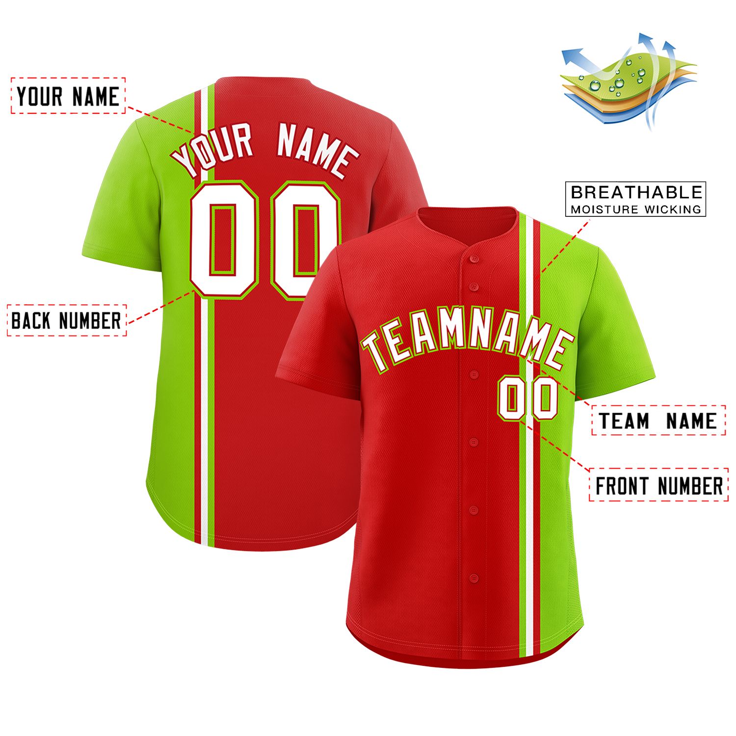 Custom Red Neon Green-White Personalized Color Block Authentic Baseball jersey