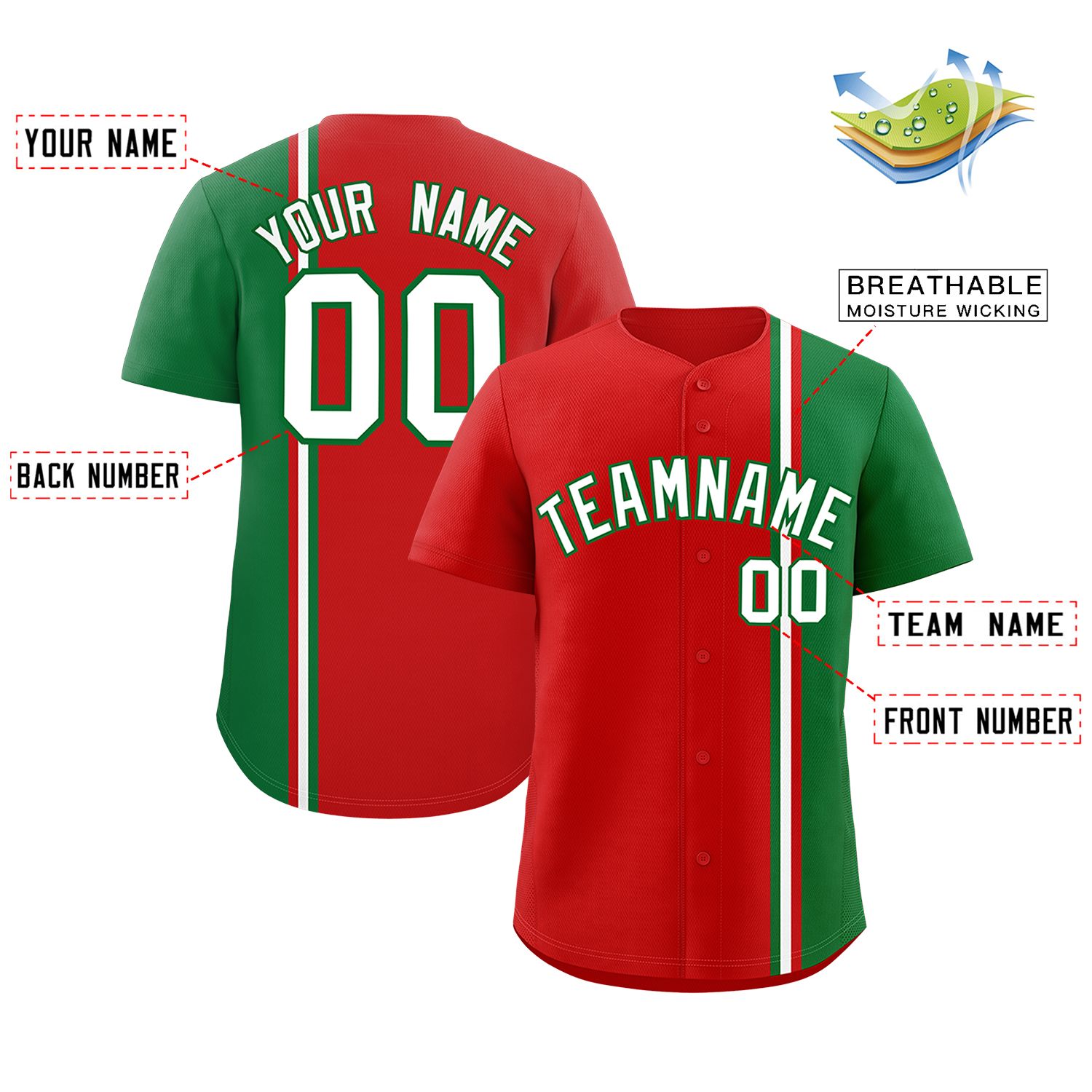 Custom Red Kelly Green-White Personalized Color Block Authentic Baseball jersey