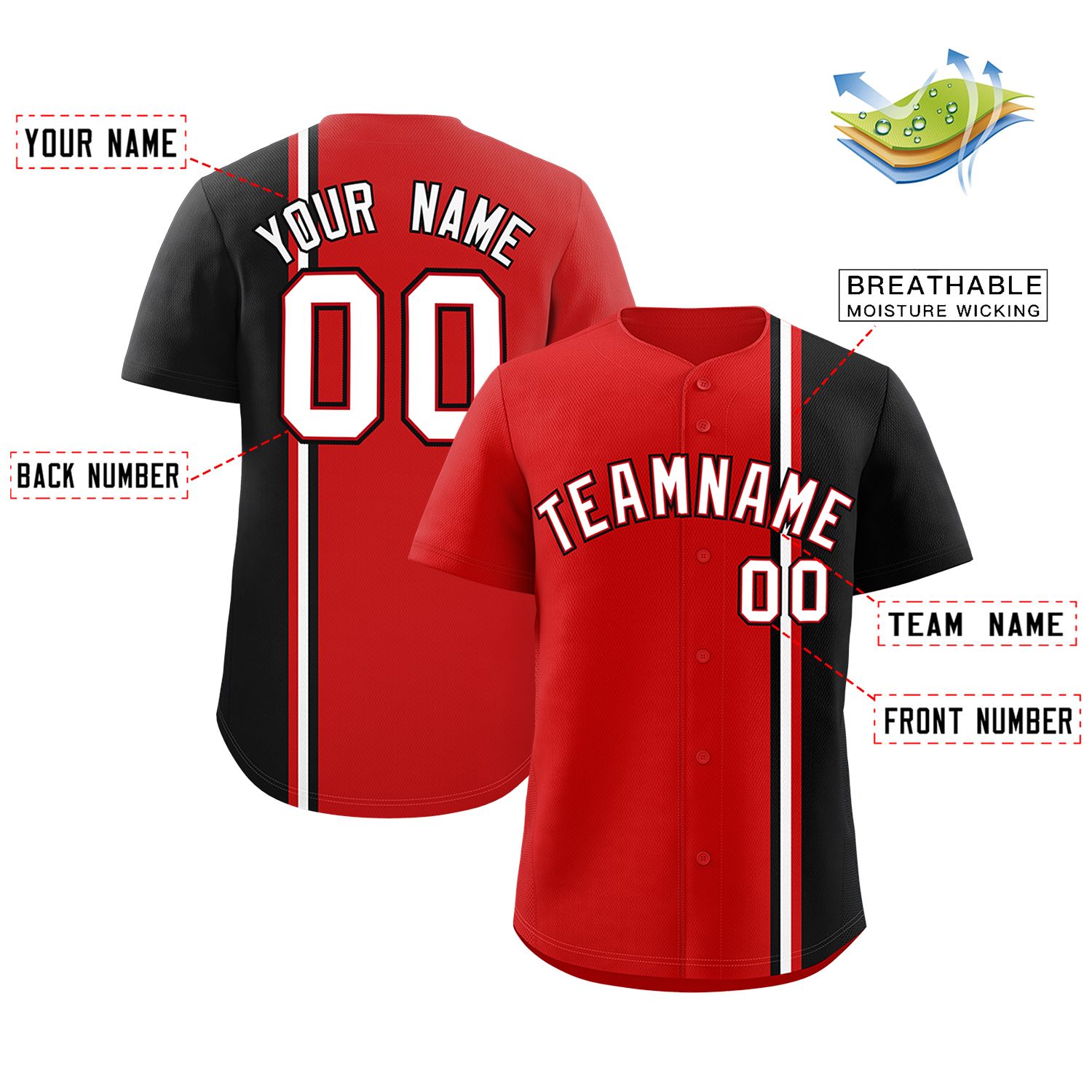 Custom Red Black-White Personalized Color Block Authentic Baseball jersey