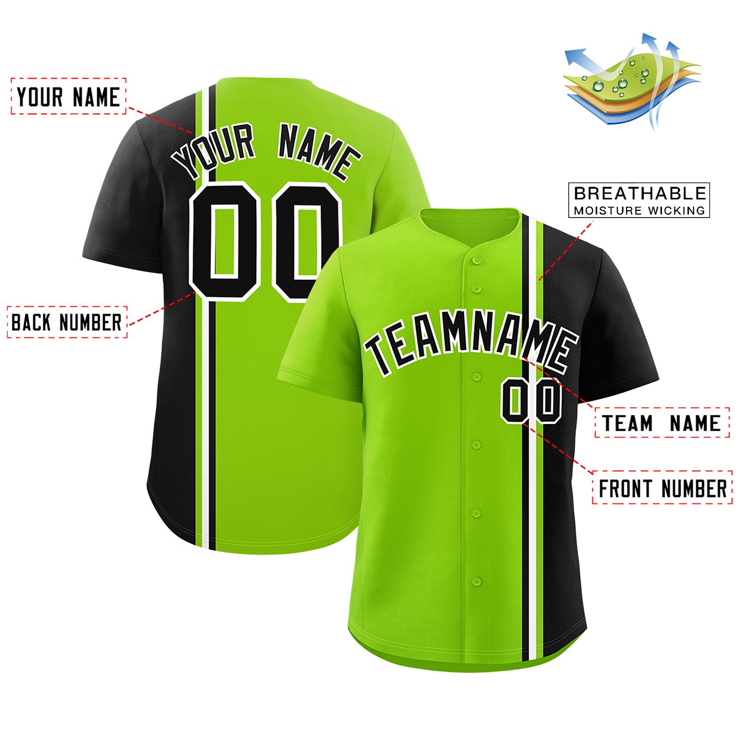 Custom Neon Green Black-White Personalized Color Block Authentic Baseball jersey