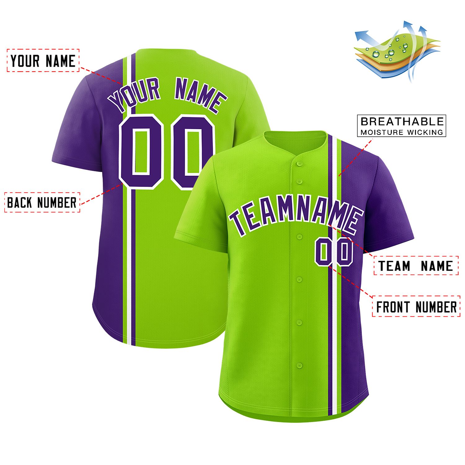 Custom Neon Green Purple-White Personalized Color Block Authentic Baseball jersey