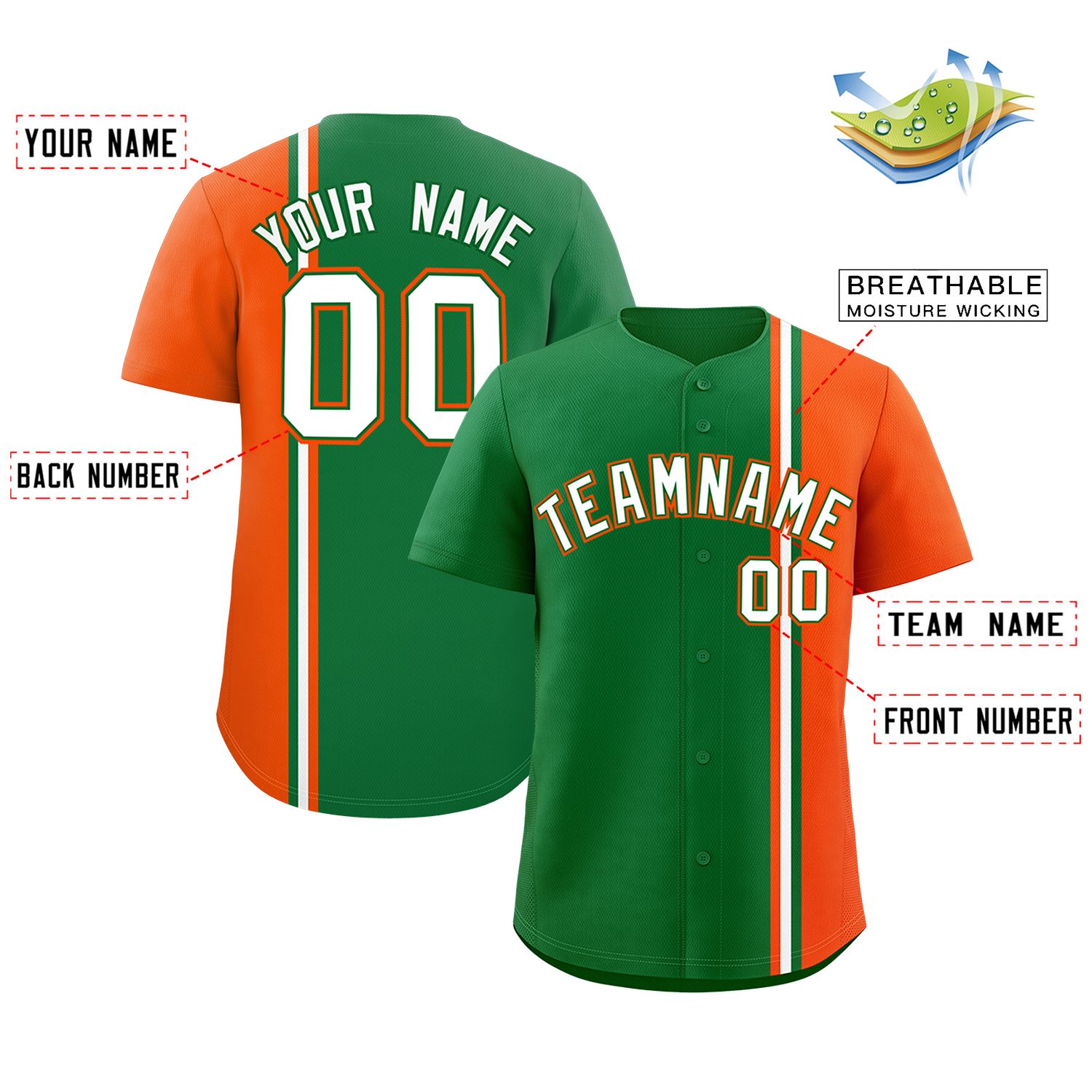 Custom Kelly Green Orange-White Personalized Color Block Authentic Baseball jersey