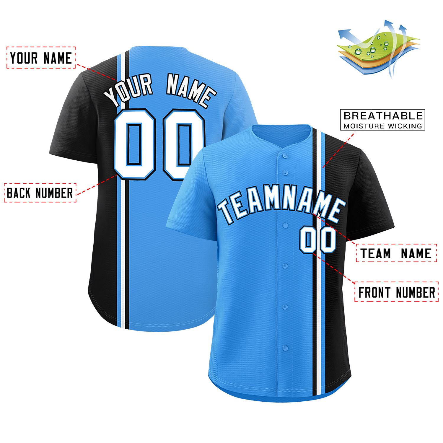 Custom Powder Blue Black-White Personalized Color Block Authentic Baseball jersey