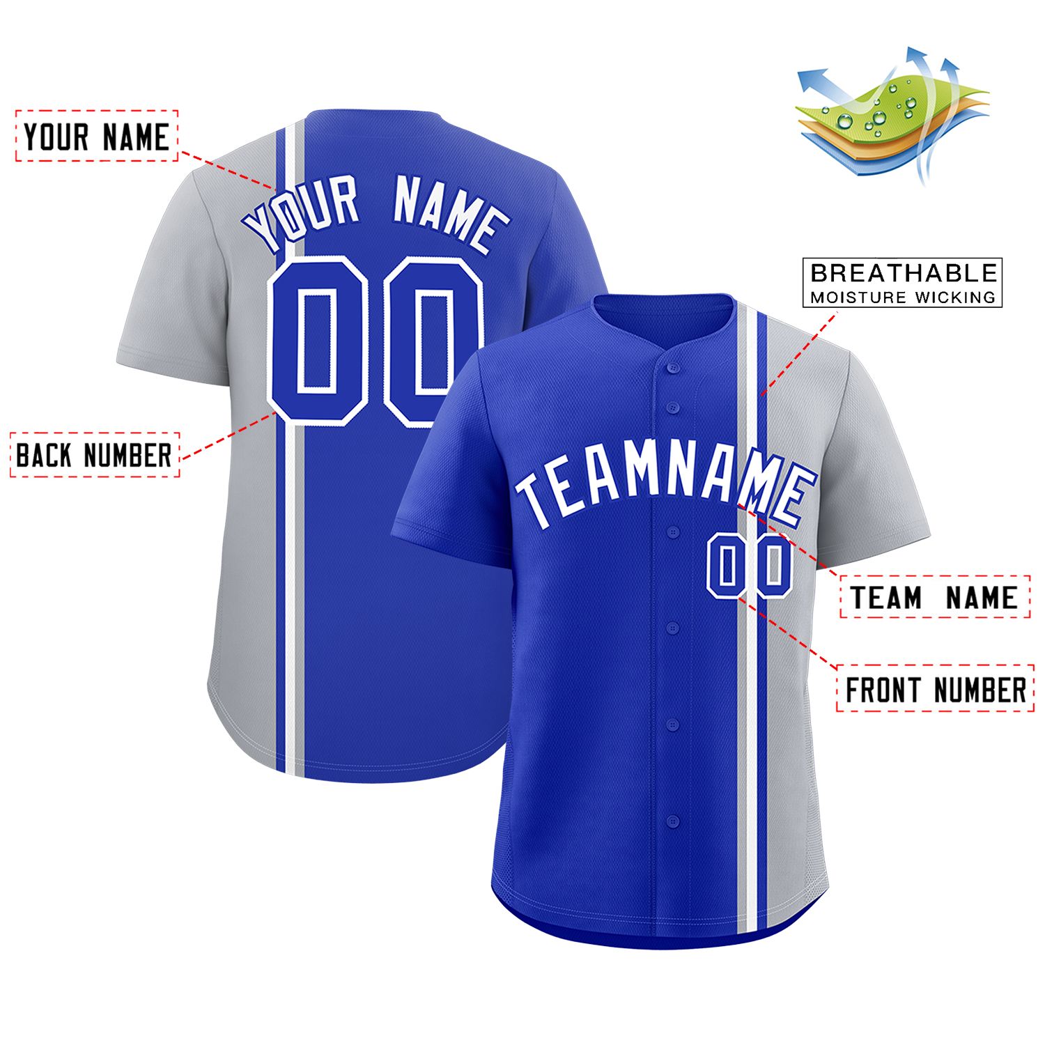 Custom Royal Gray-White Personalized Color Block Authentic Baseball jersey