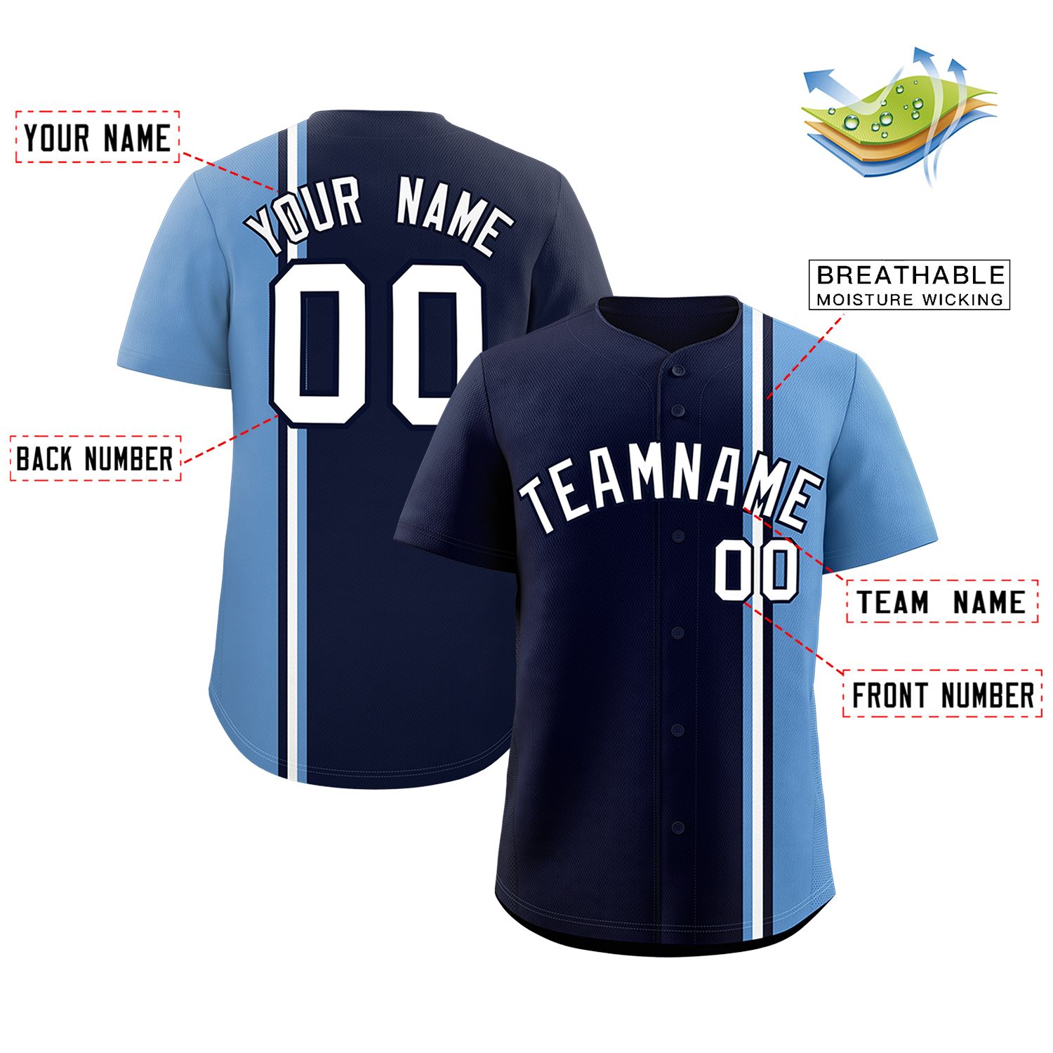 Custom Navy Light Blue-White Personalized Color Block Authentic Baseball jersey