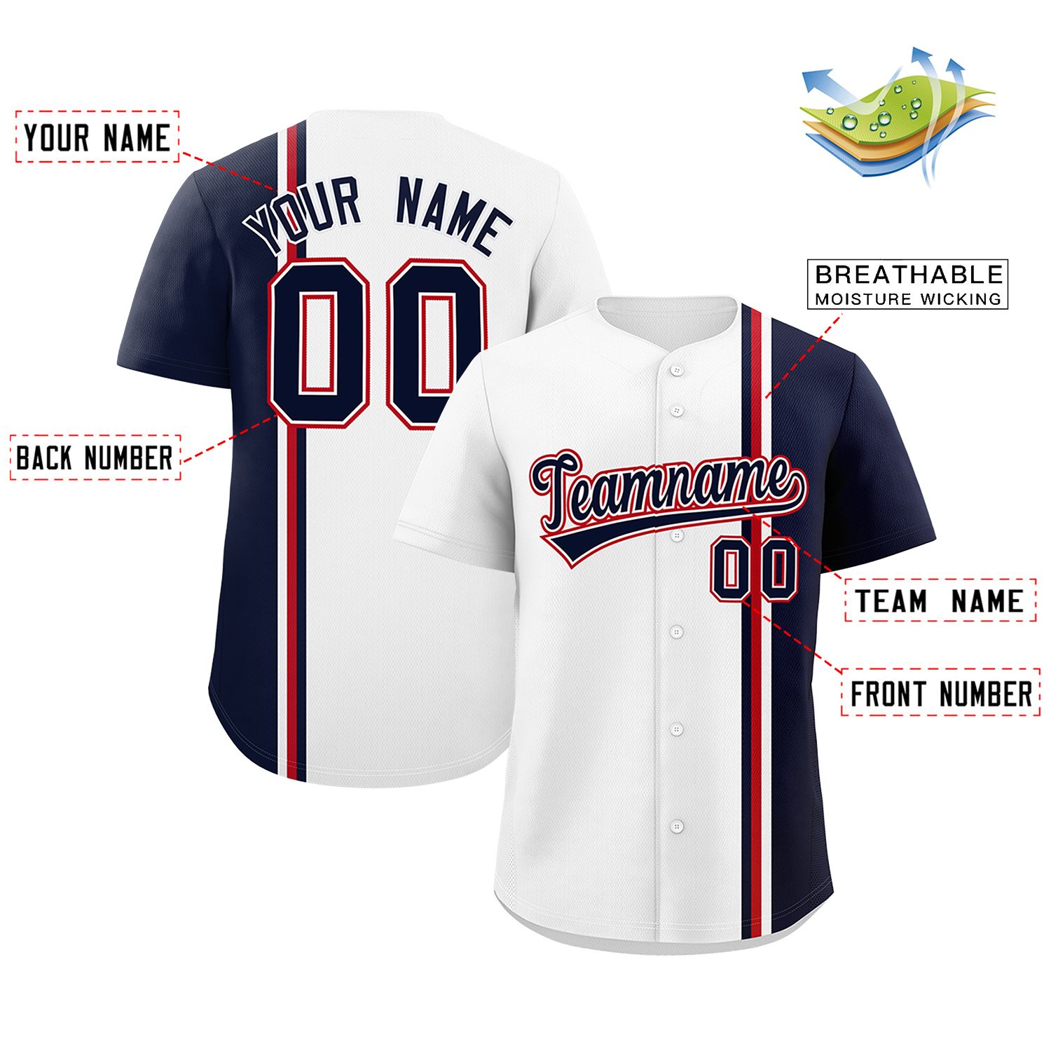 Custom White Navy-Red Personalized Color Block Authentic Baseball jersey