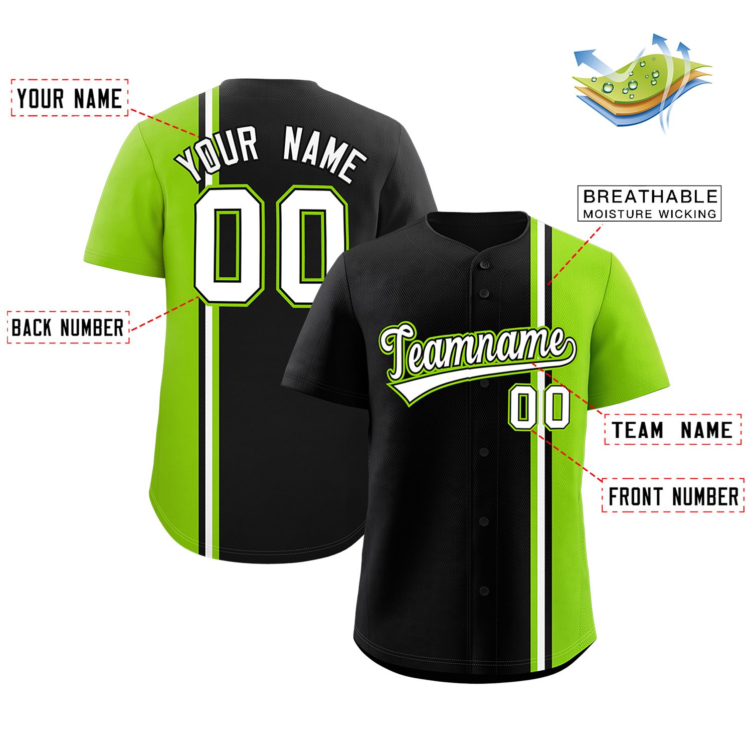 Custom Black Neon Green-White Personalized Color Block Authentic Baseball jersey