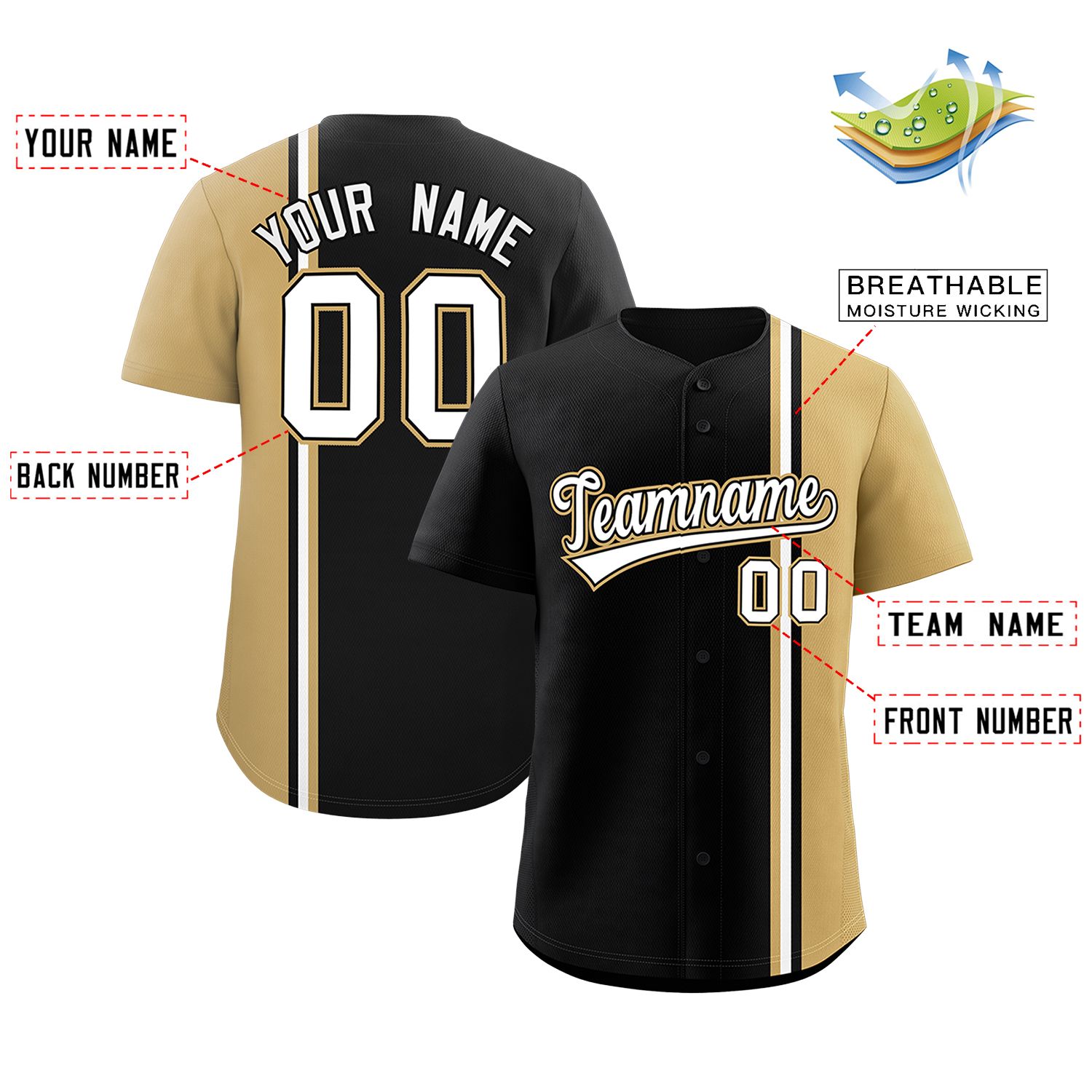 Custom Black Old Gold-White Personalized Color Block Authentic Baseball jersey