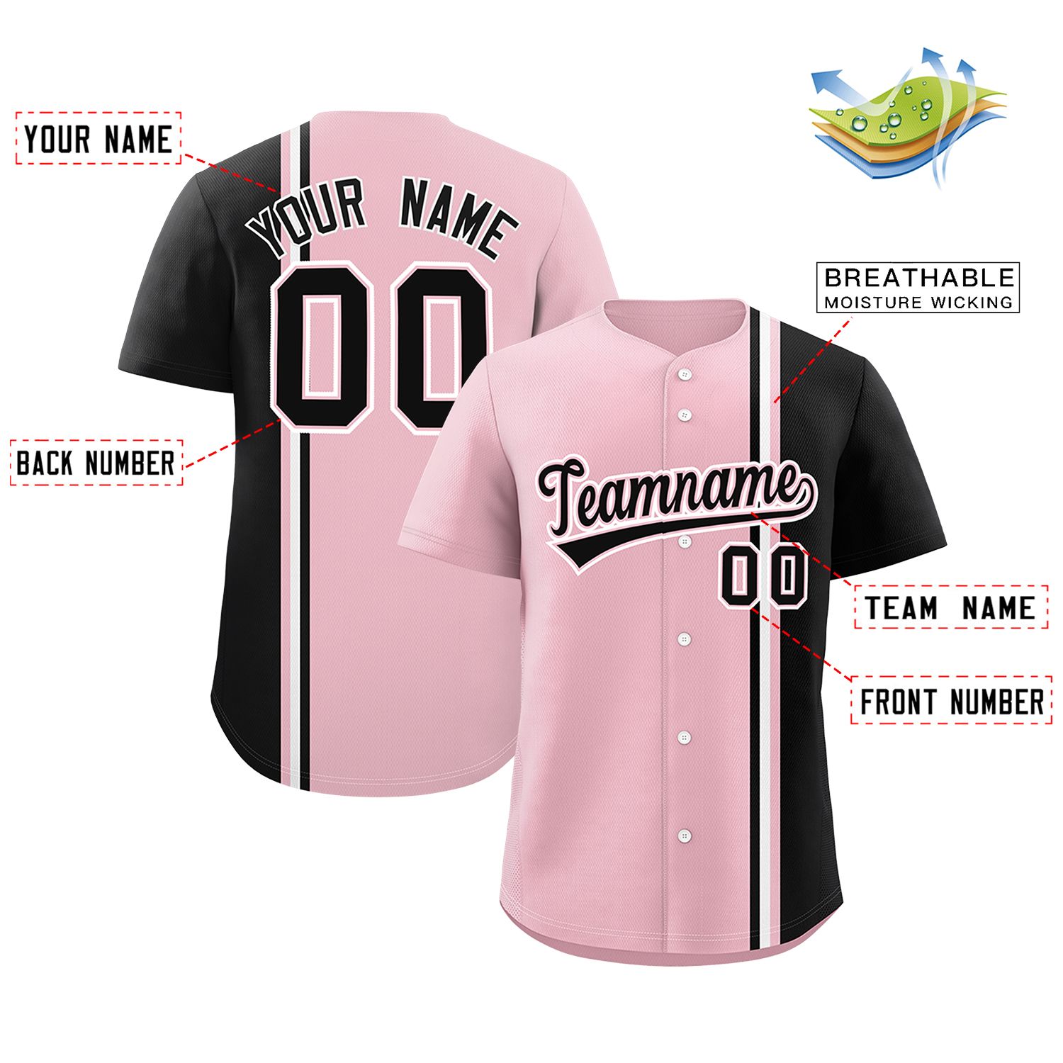 Custom Light Pink Powder Blue-White Personalized Color Block Authentic Baseball jersey