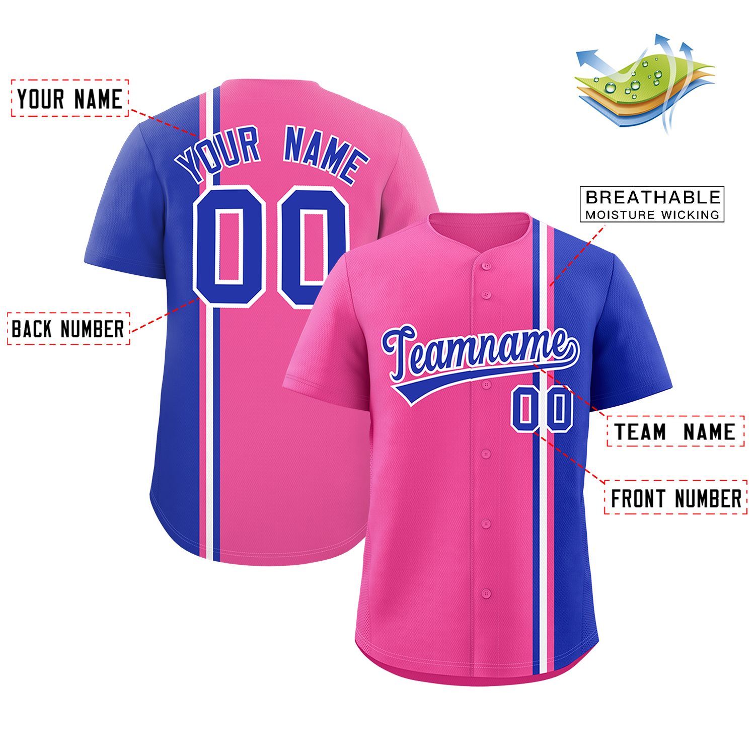 Custom Pink Royal-White Personalized Color Block Authentic Baseball jersey