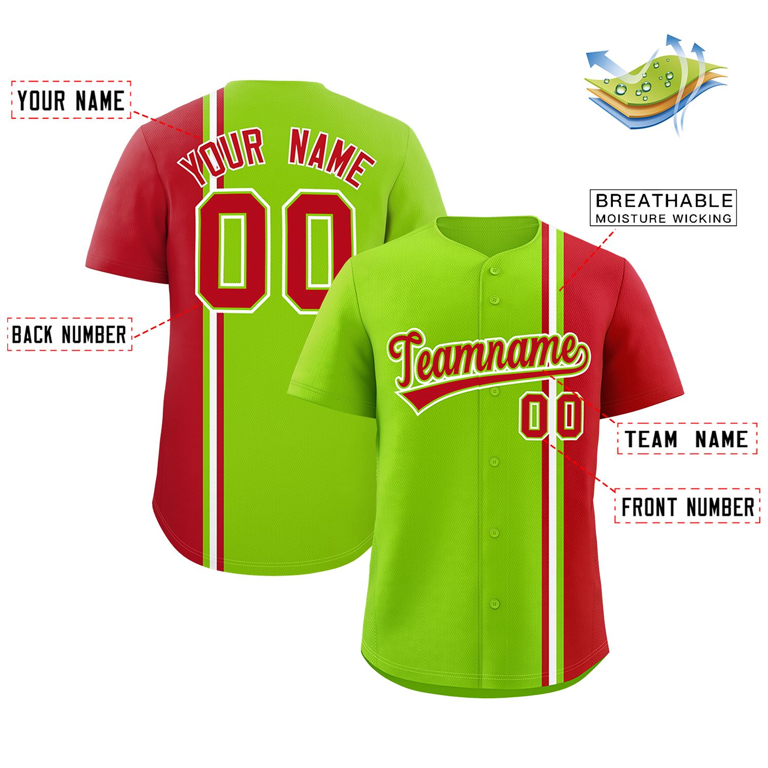 Custom Neon Green Red-White Personalized Color Block Authentic Baseball jersey