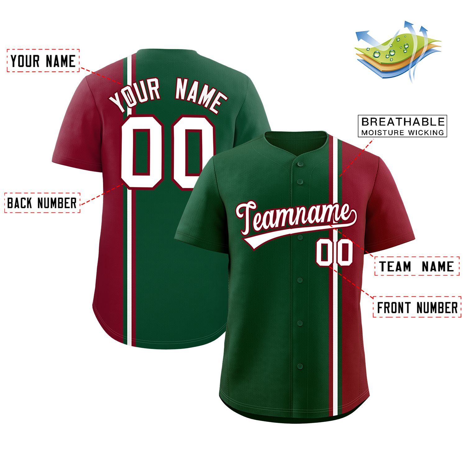 Custom Green Crimson-White Personalized Color Block Authentic Baseball jersey