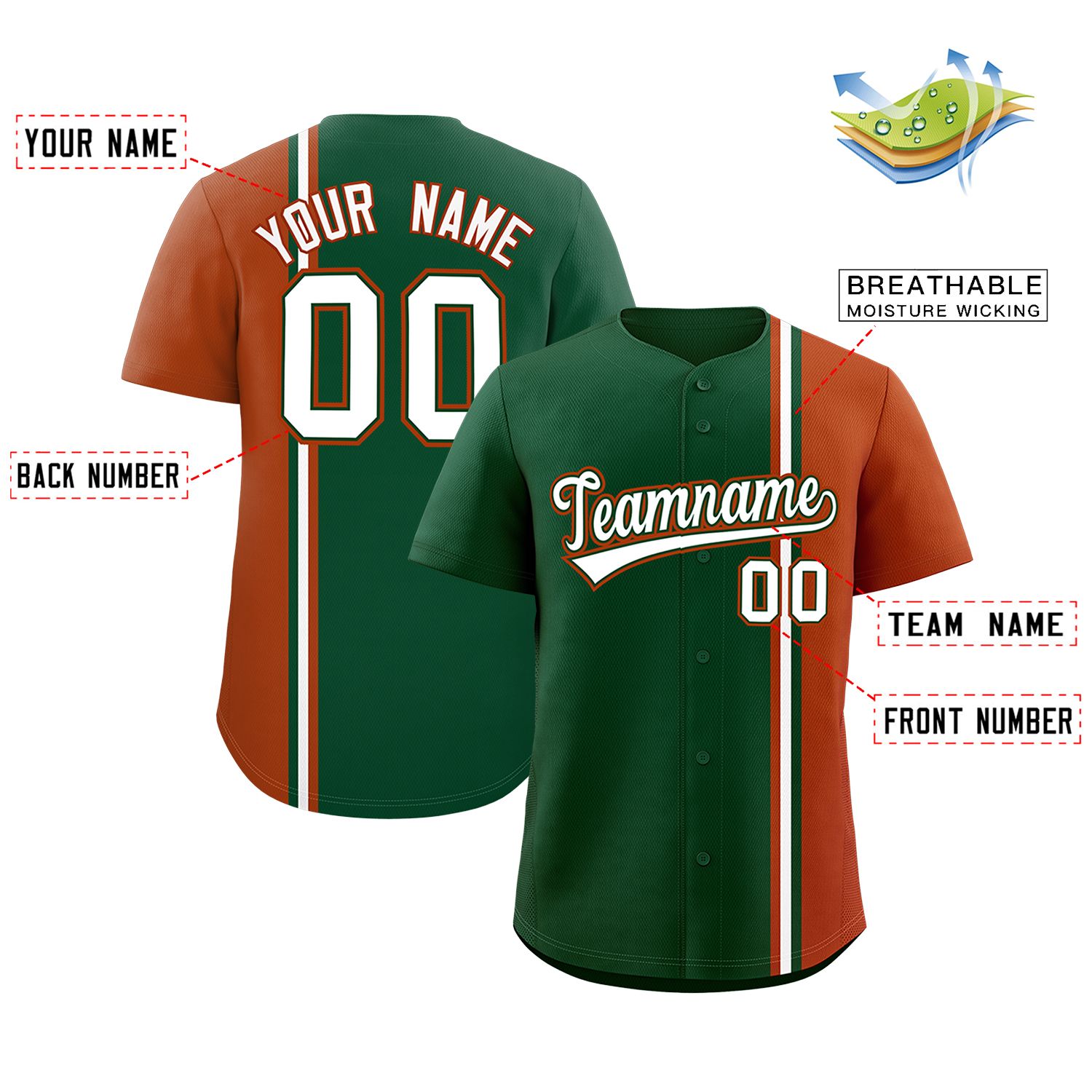 Custom Green Texas Orange-White Personalized Color Block Authentic Baseball jersey