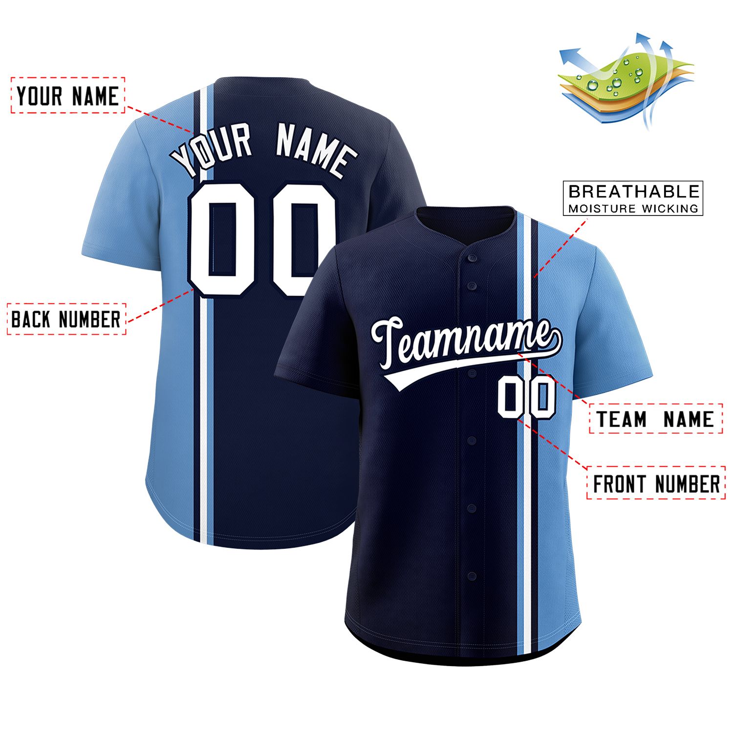 Custom Navy Light Blue-White Personalized Color Block Authentic Baseball jersey