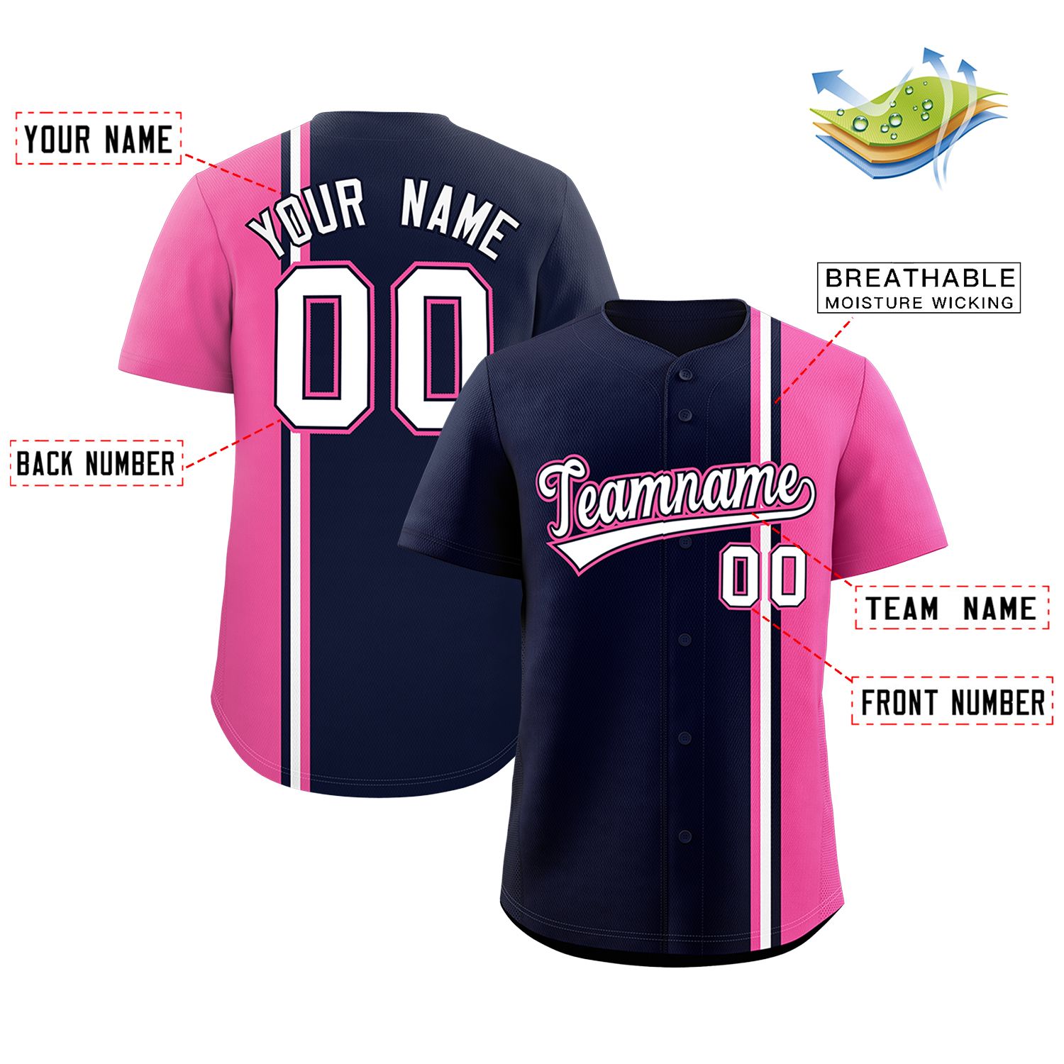 Custom Navy Pink-White Personalized Color Block Authentic Baseball jersey