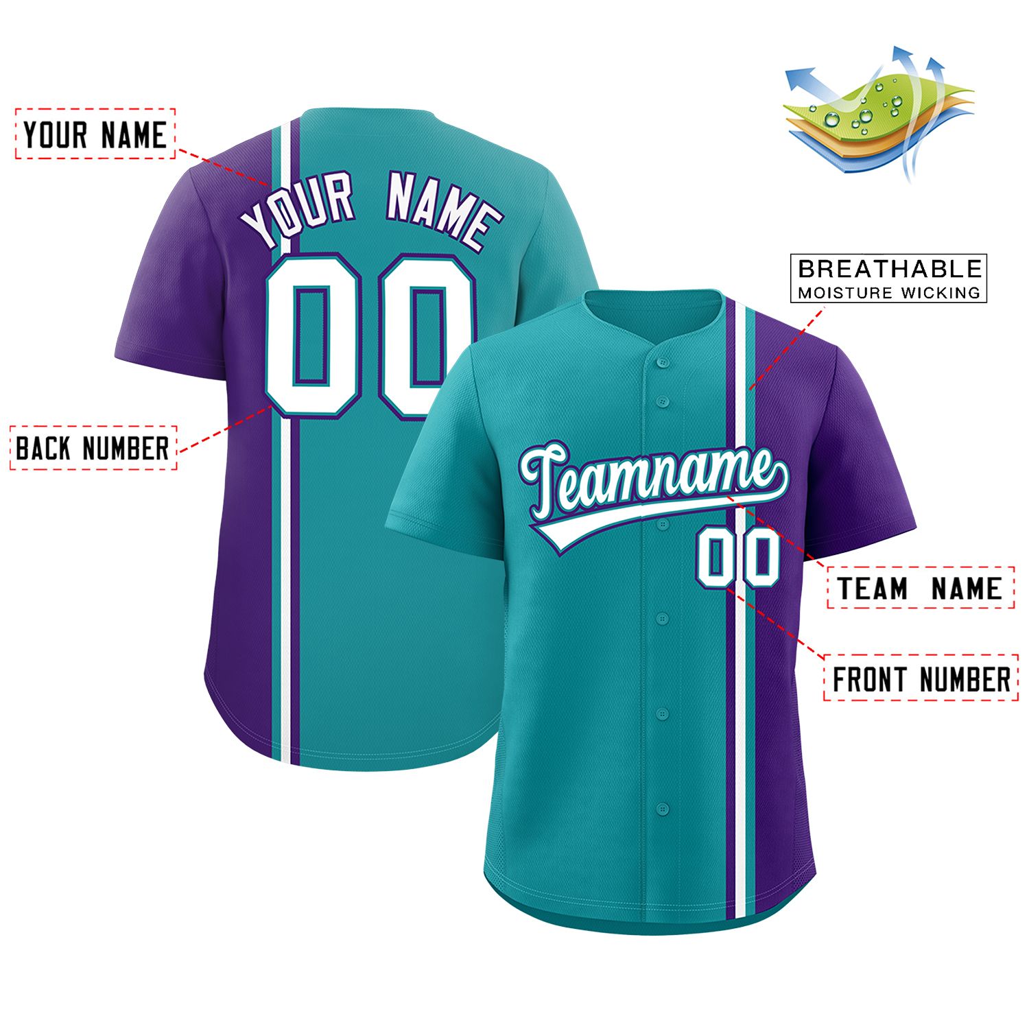 Custom Aqua Purple-White Personalized Color Block Authentic Baseball jersey