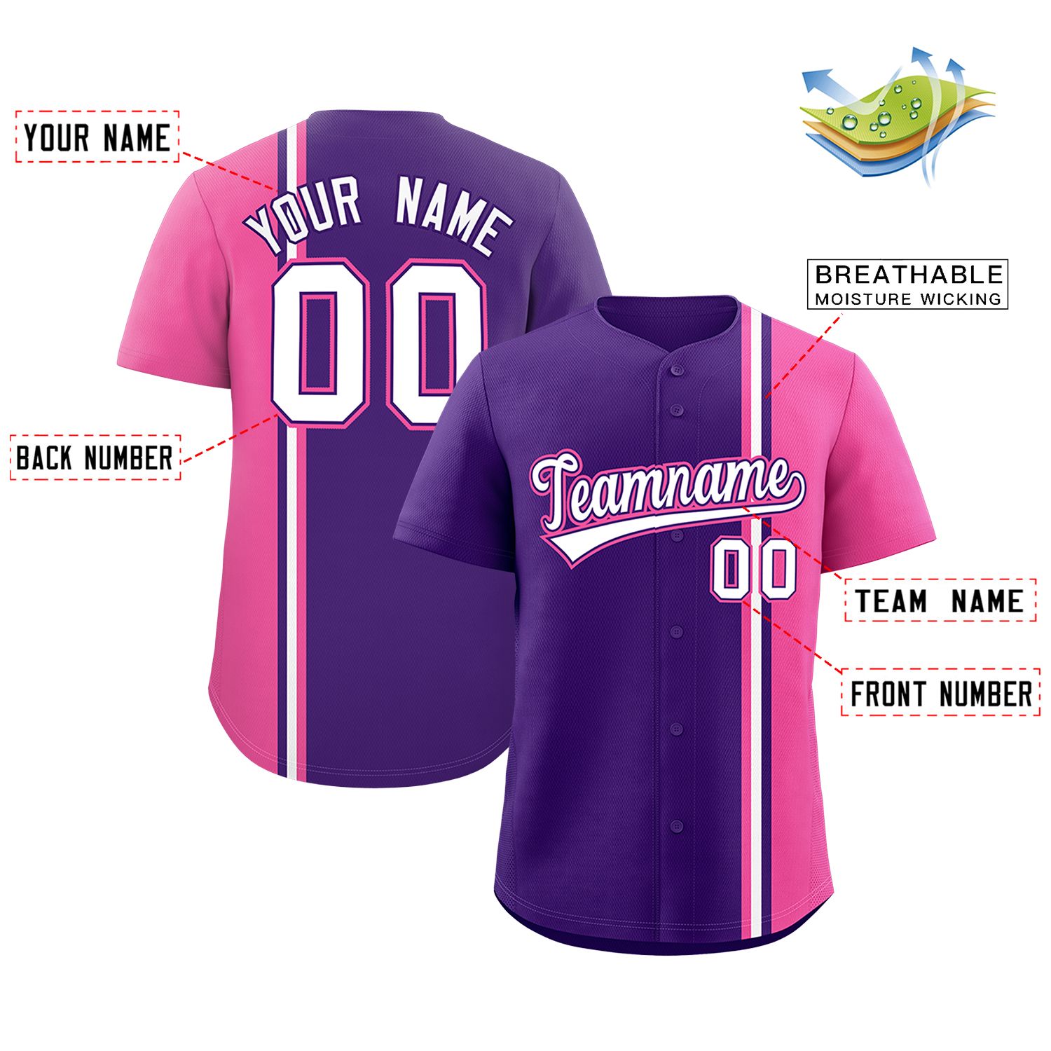 Custom Purple Pink-White Personalized Color Block Authentic Baseball jersey