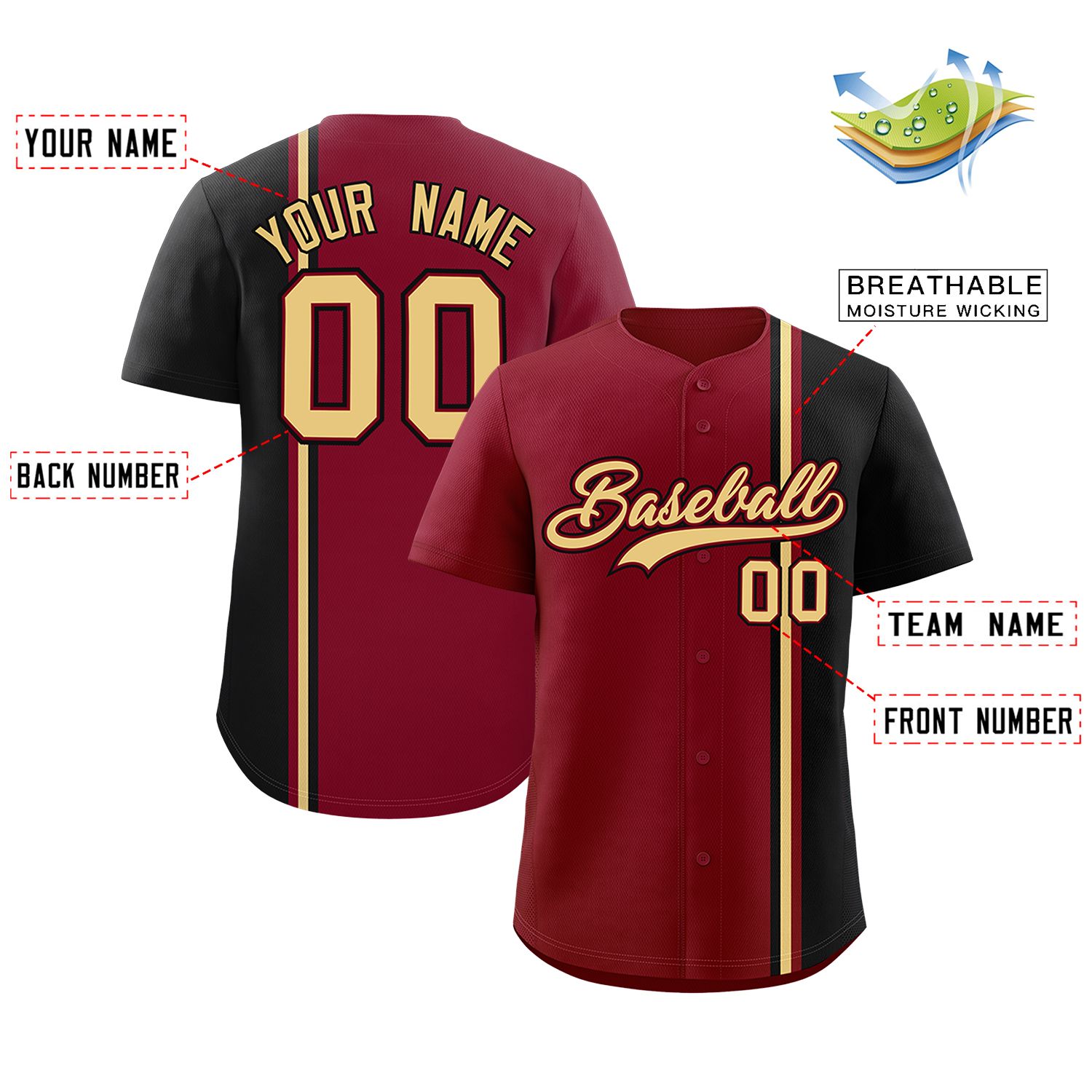 Custom Crimson Black-Khaki Personalized Color Block Authentic Baseball jersey