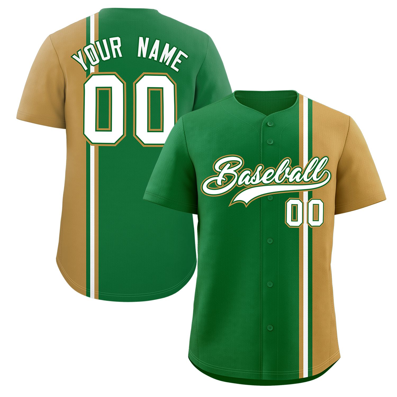 Custom Kelly Green Old Gold-White Personalized Color Block Authentic Baseball jersey