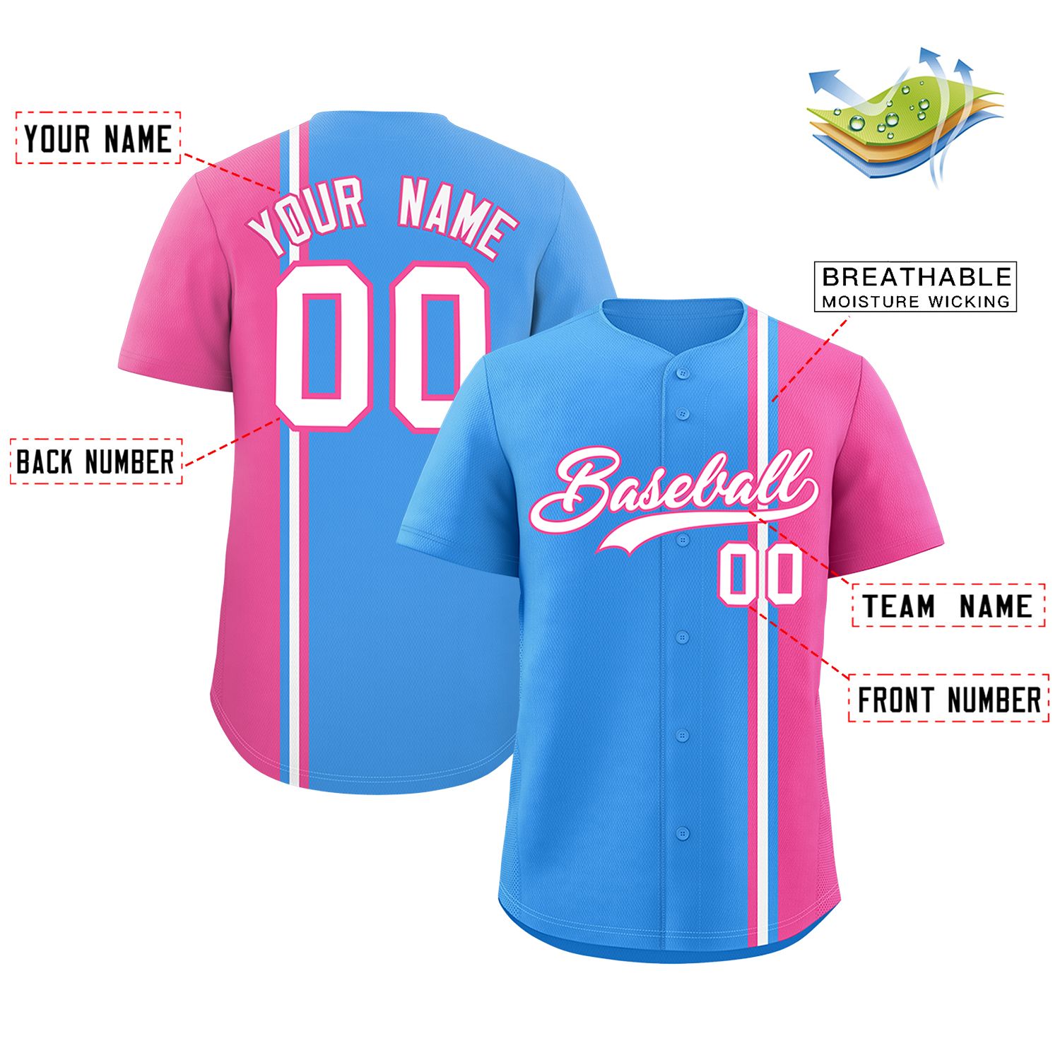 Custom Powder Blue Pink-White Personalized Color Block Authentic Baseball jersey