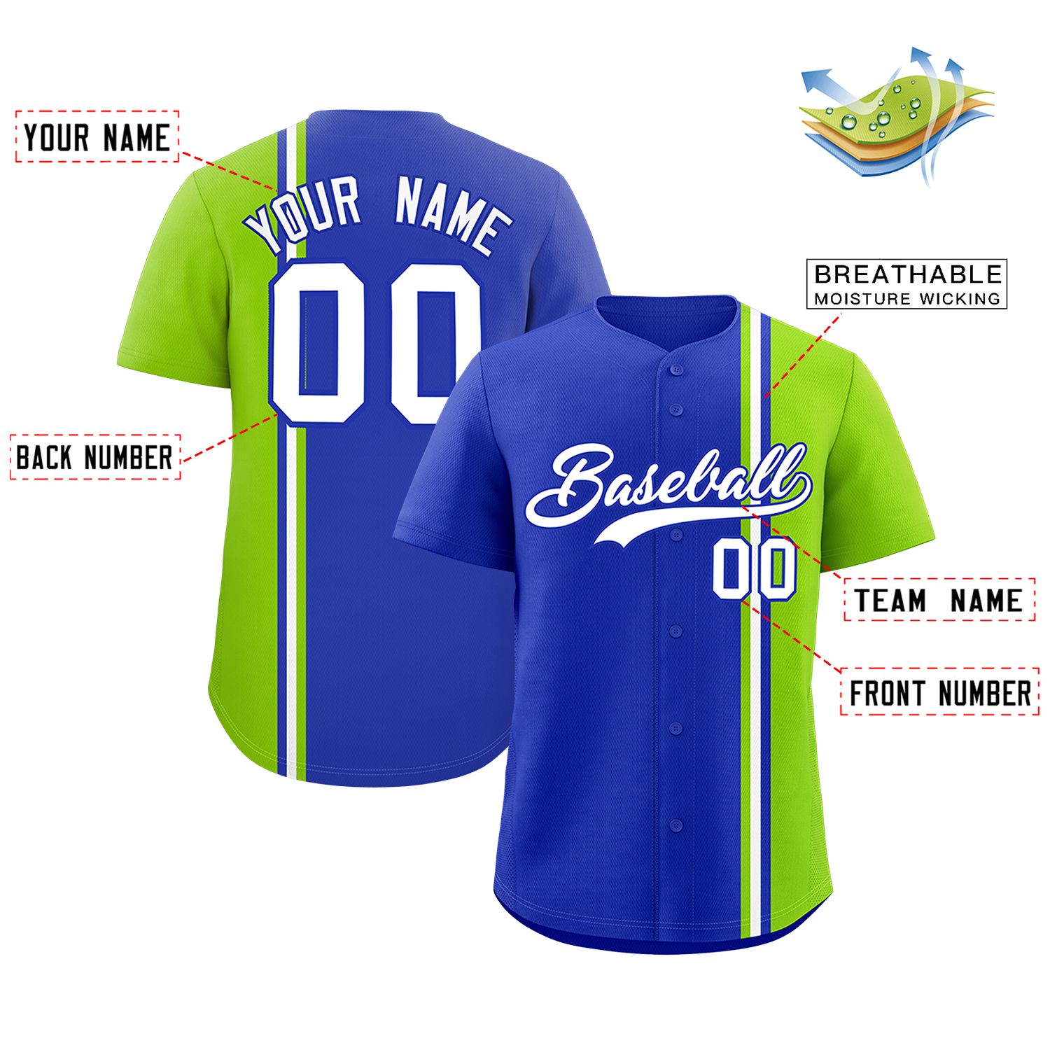 Custom Royal Neon Green-White Personalized Color Block Authentic Baseball jersey