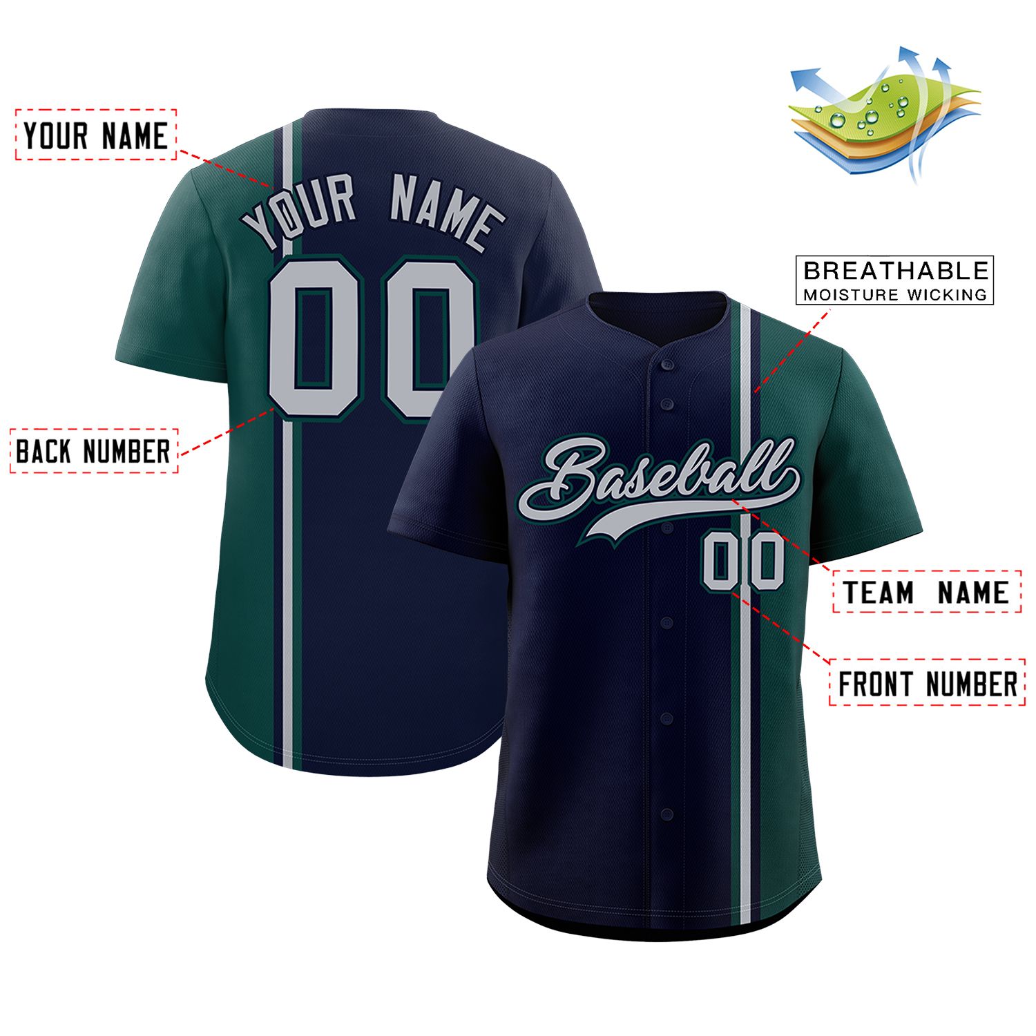 Custom Navy Midnight Green-Gray Personalized Color Block Authentic Baseball jersey