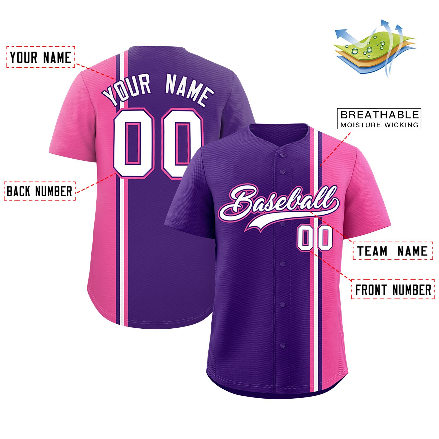 Custom Purple Pink-White Personalized Color Block Authentic Baseball jersey