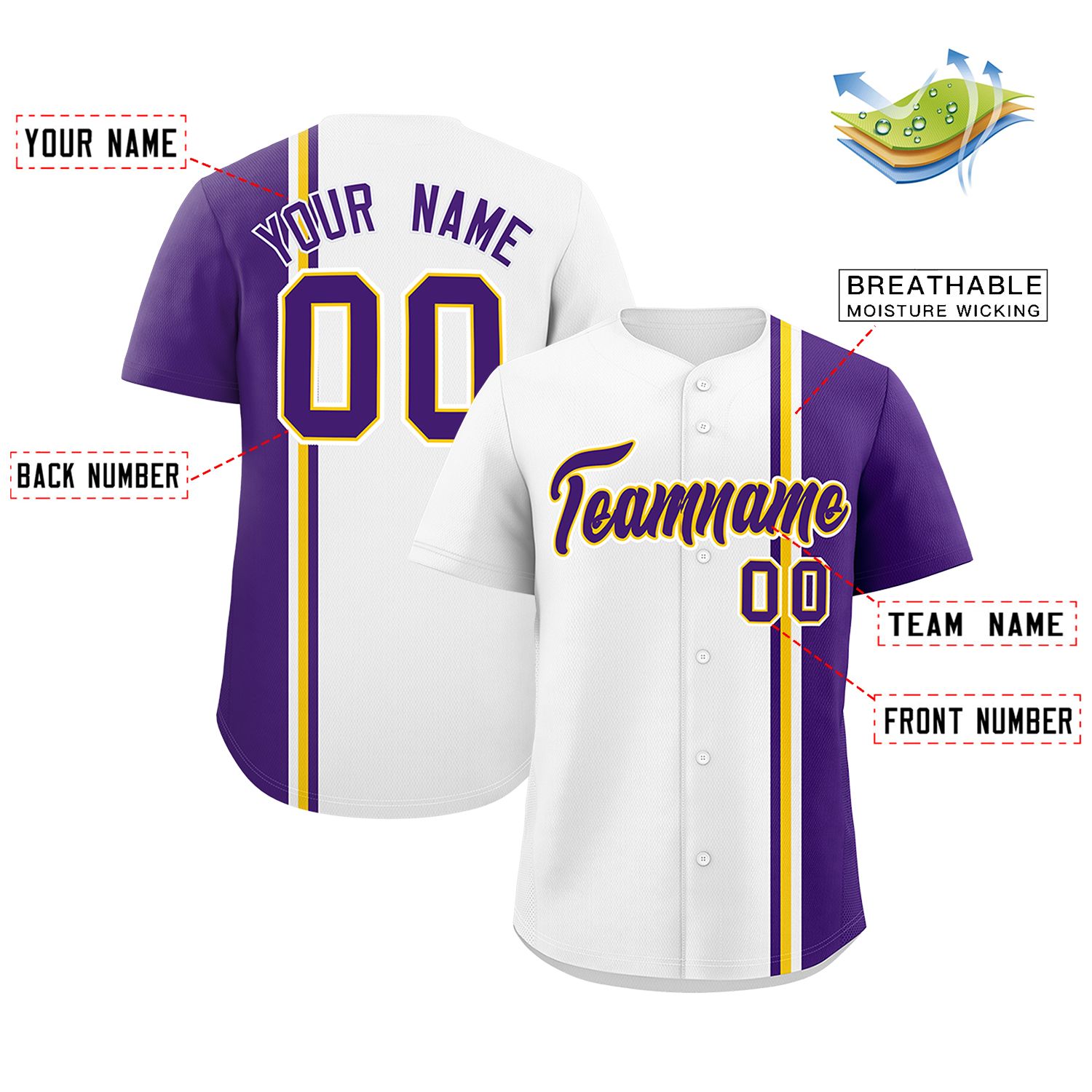 Custom White Purple-Gold Personalized Color Block Authentic Baseball jersey