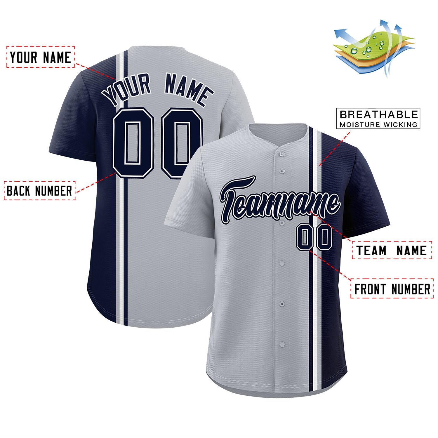 Custom Gray Navy-White Personalized Color Block Authentic Baseball jersey