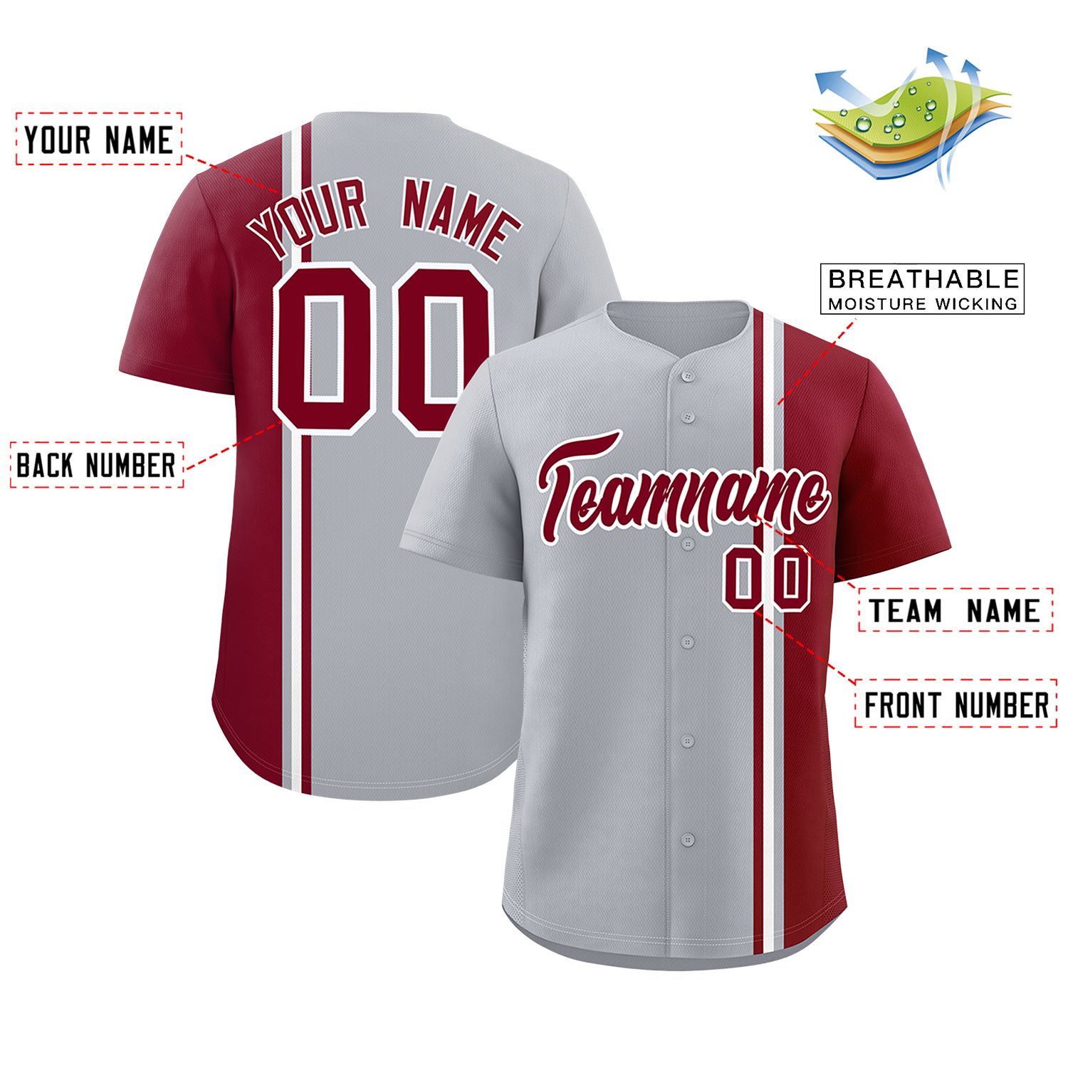 Custom Gray Crimson-White Personalized Color Block Authentic Baseball jersey