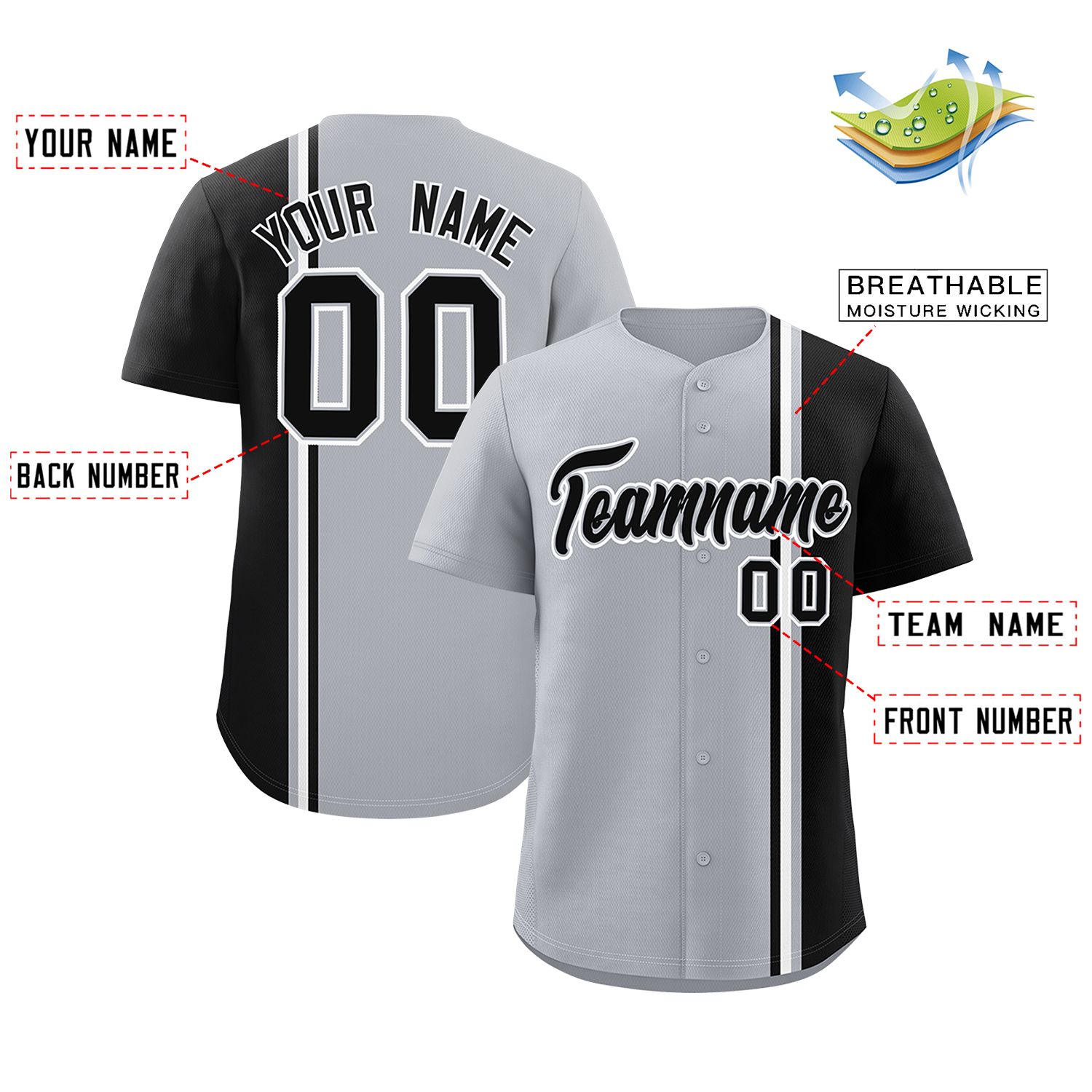 Custom Gray Black-White Personalized Color Block Authentic Baseball jersey