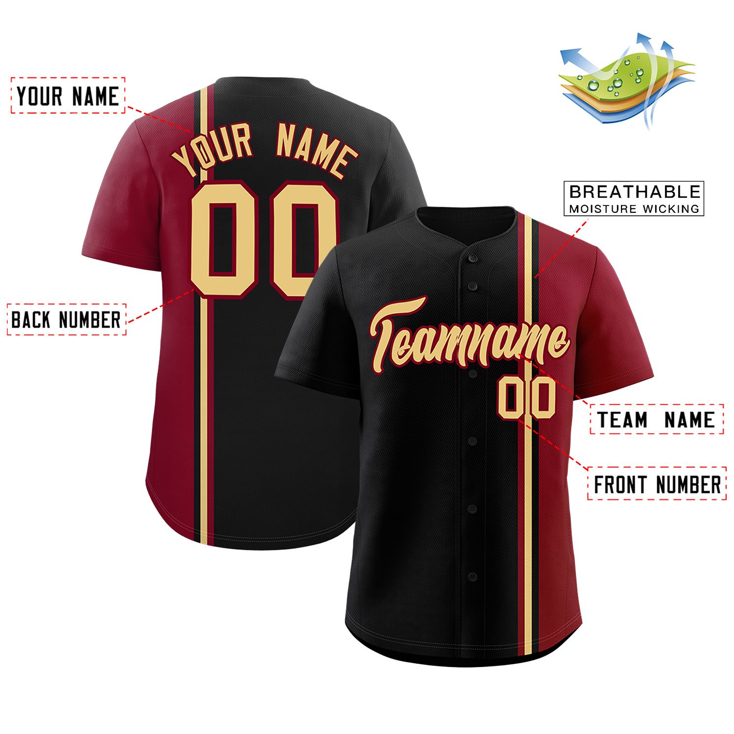 Custom Black Crimson-Khaki Personalized Color Block Authentic Baseball jersey