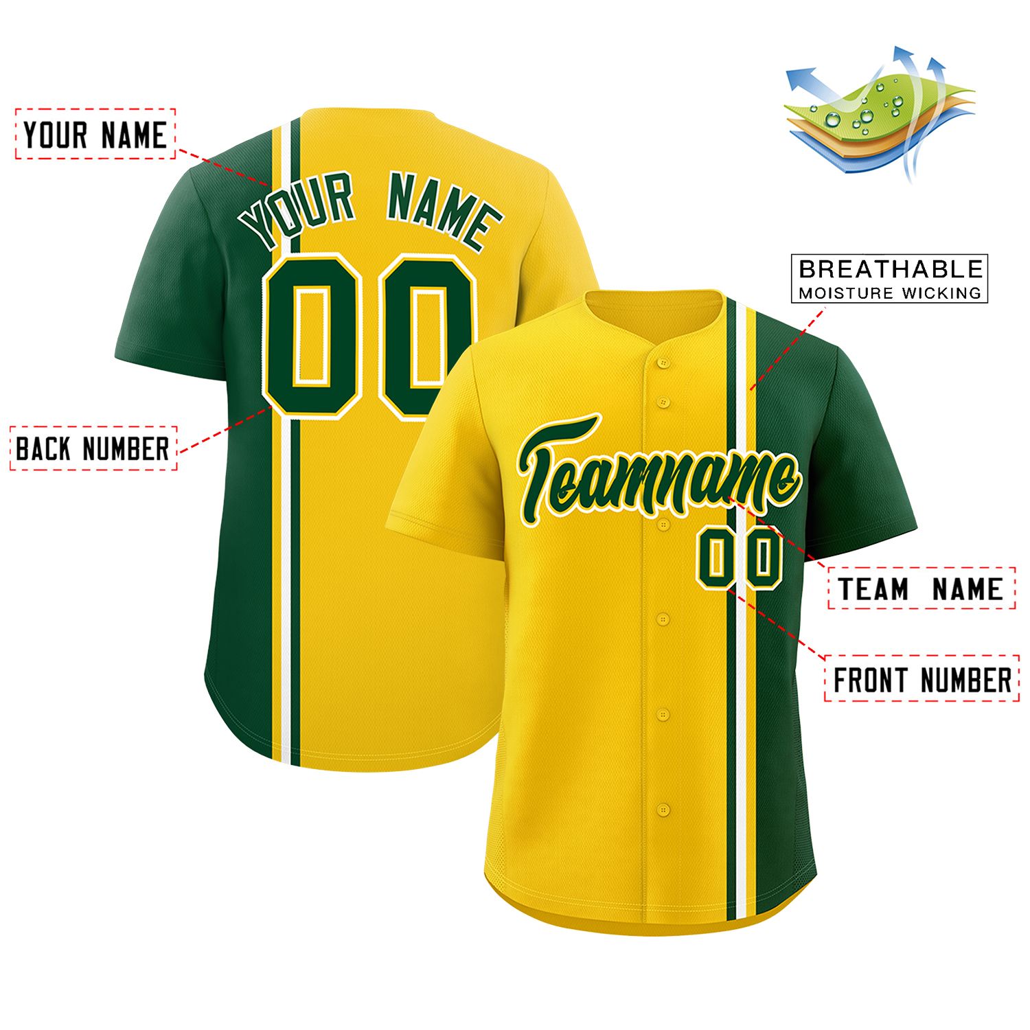 Custom Gold Green-White Personalized Color Block Authentic Baseball jersey