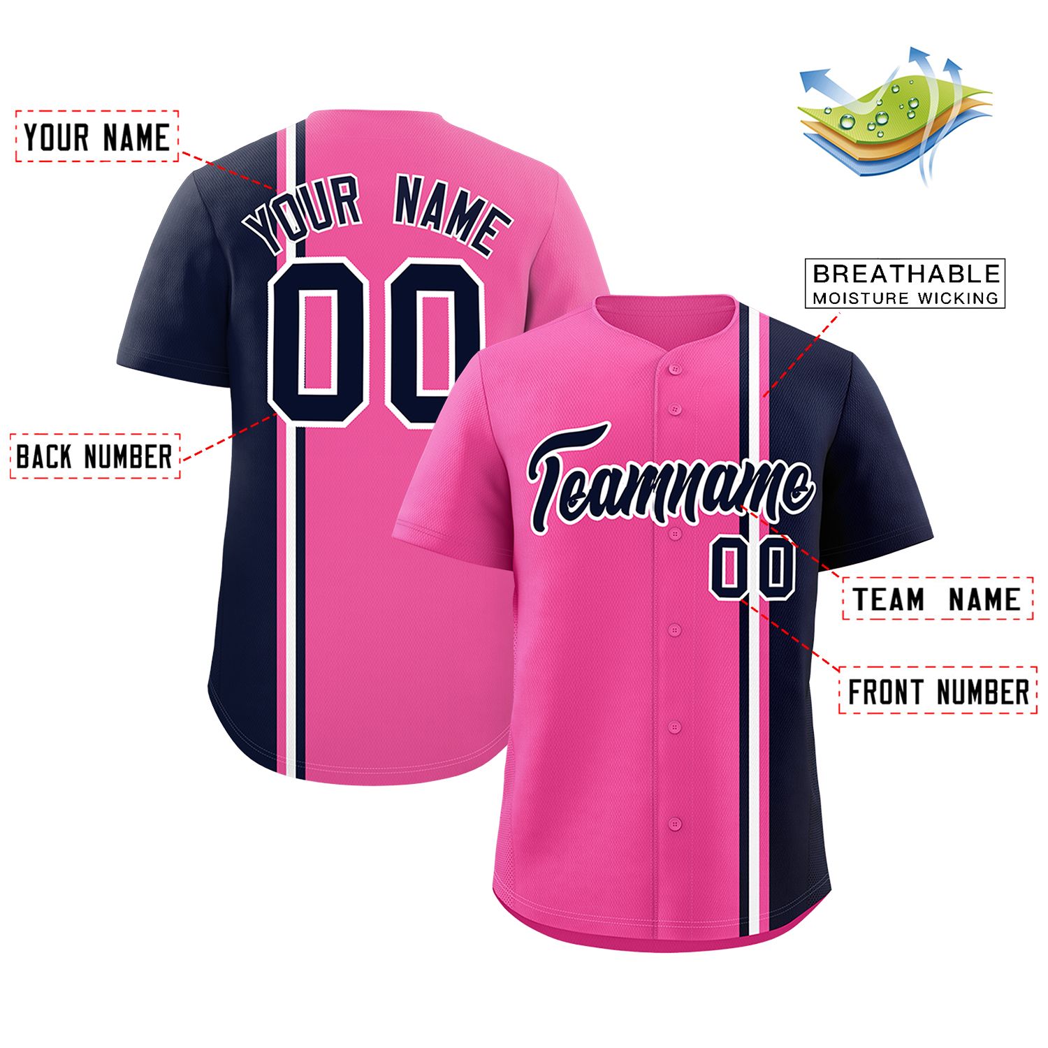 Custom Pink Navy-White Personalized Color Block Authentic Baseball jersey