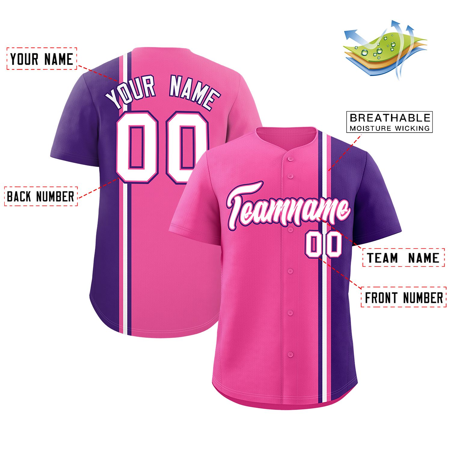 Custom Pink Purple-White Personalized Color Block Authentic Baseball jersey