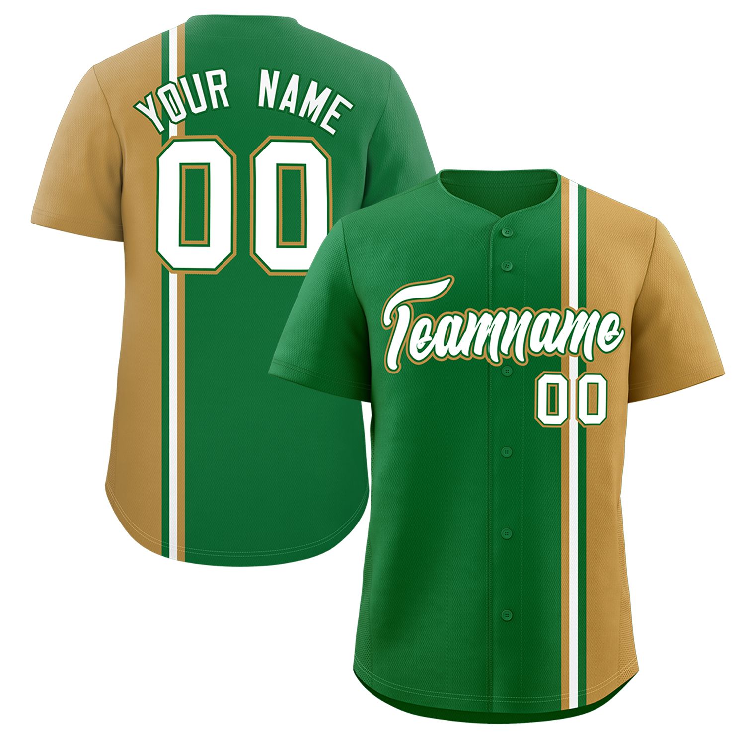 Custom Kelly Green Old Gold-White Personalized Color Block Authentic Baseball jersey