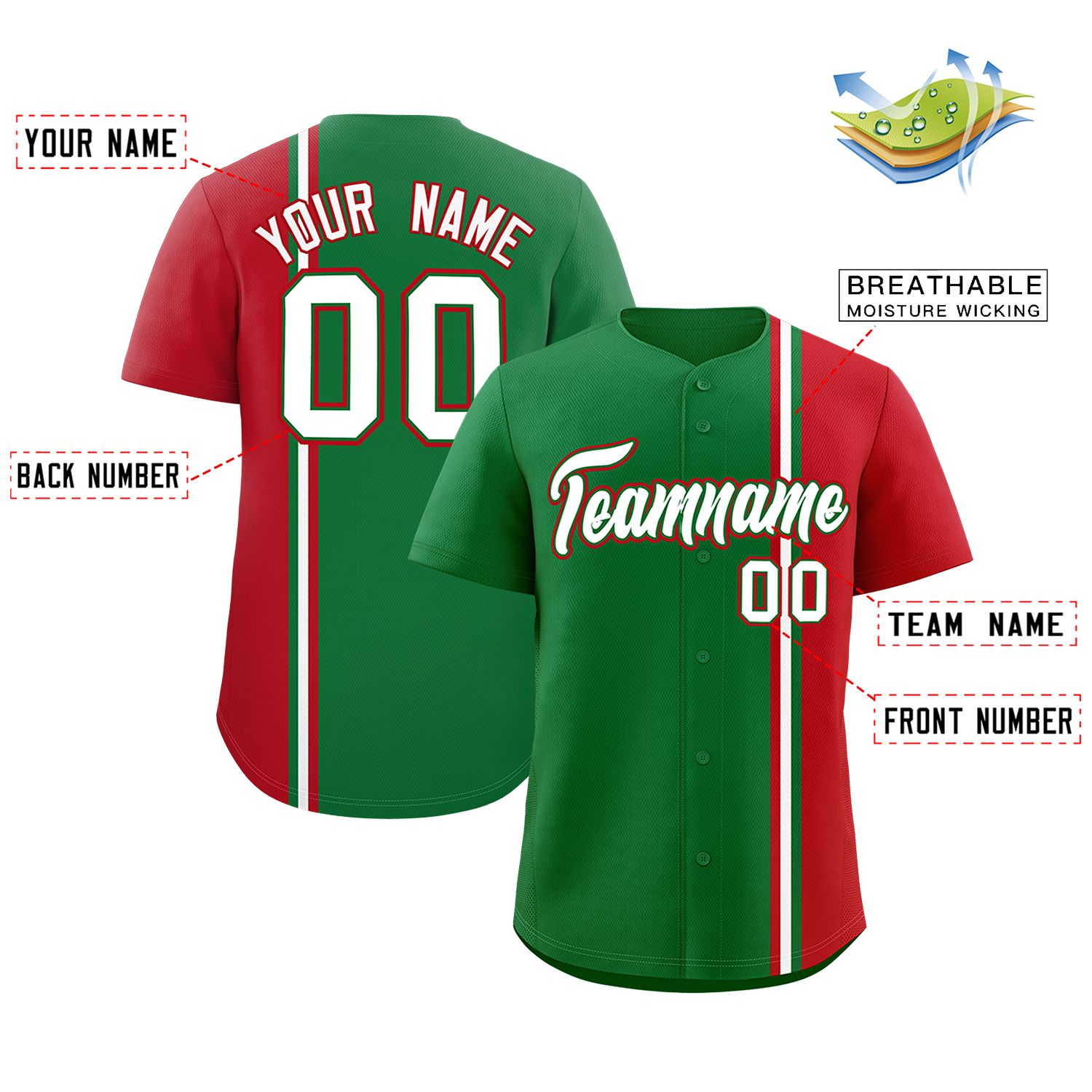 Custom Kelly Green Red-White Personalized Color Block Authentic Baseball jersey