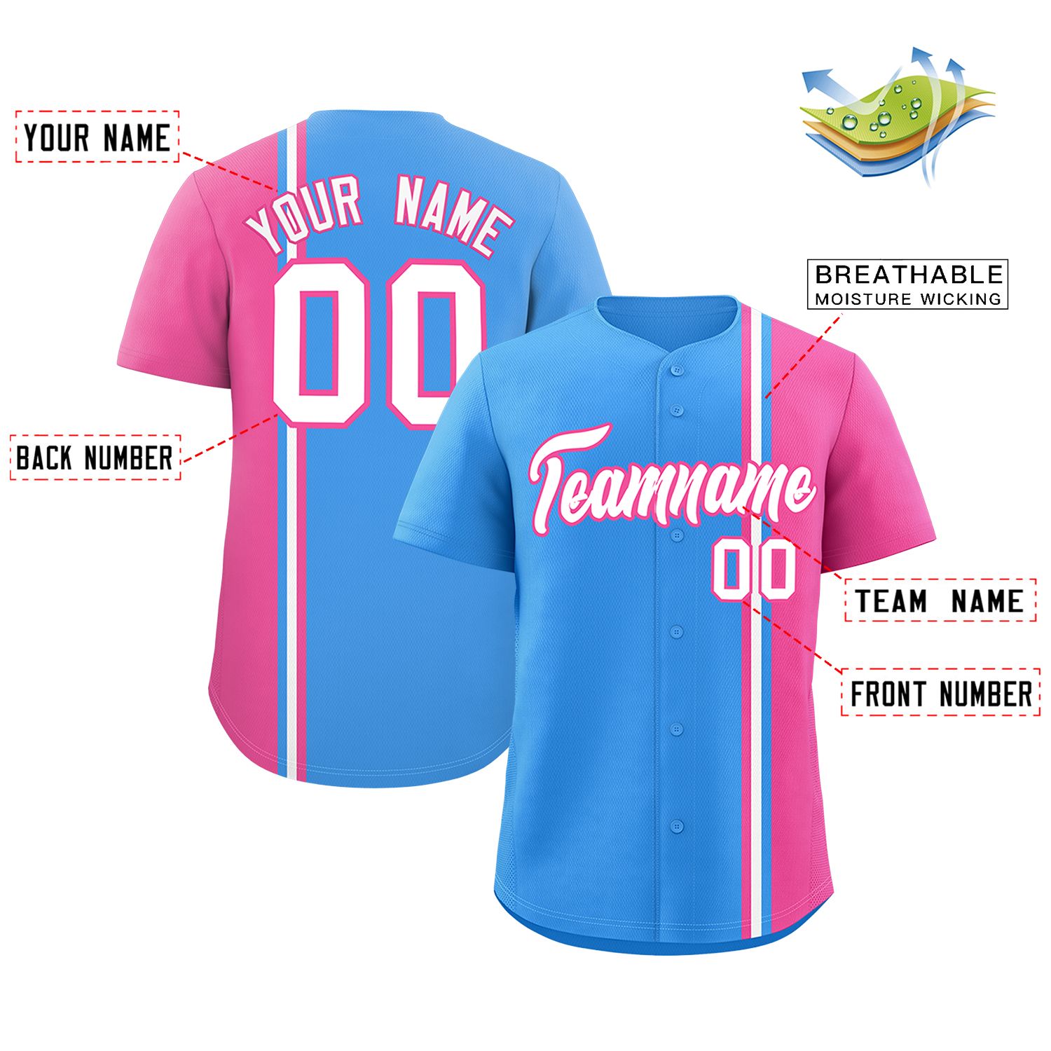 Custom Powder Blue Pink-White Personalized Color Block Authentic Baseball jersey