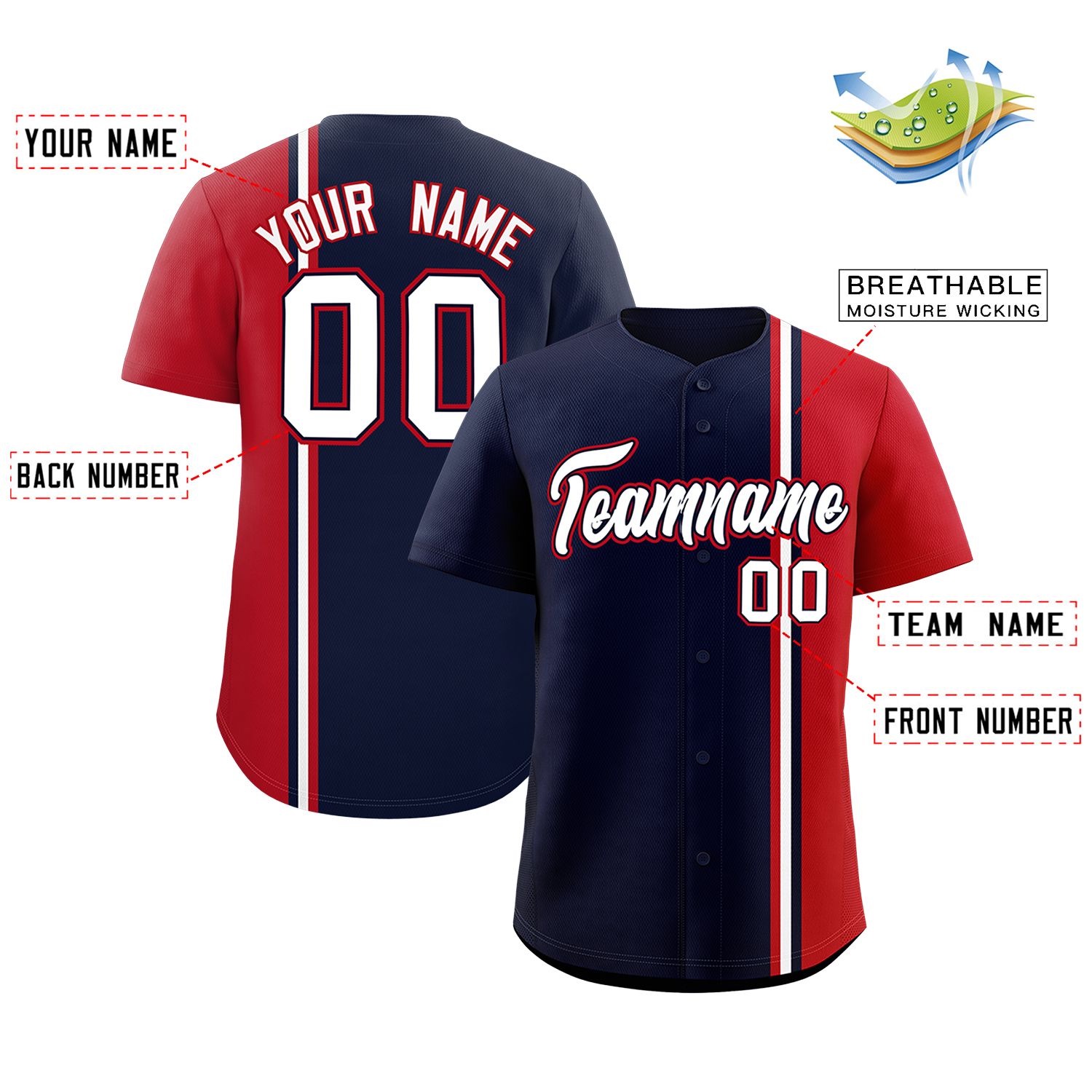 Custom Navy Red-White Personalized Color Block Authentic Baseball jersey