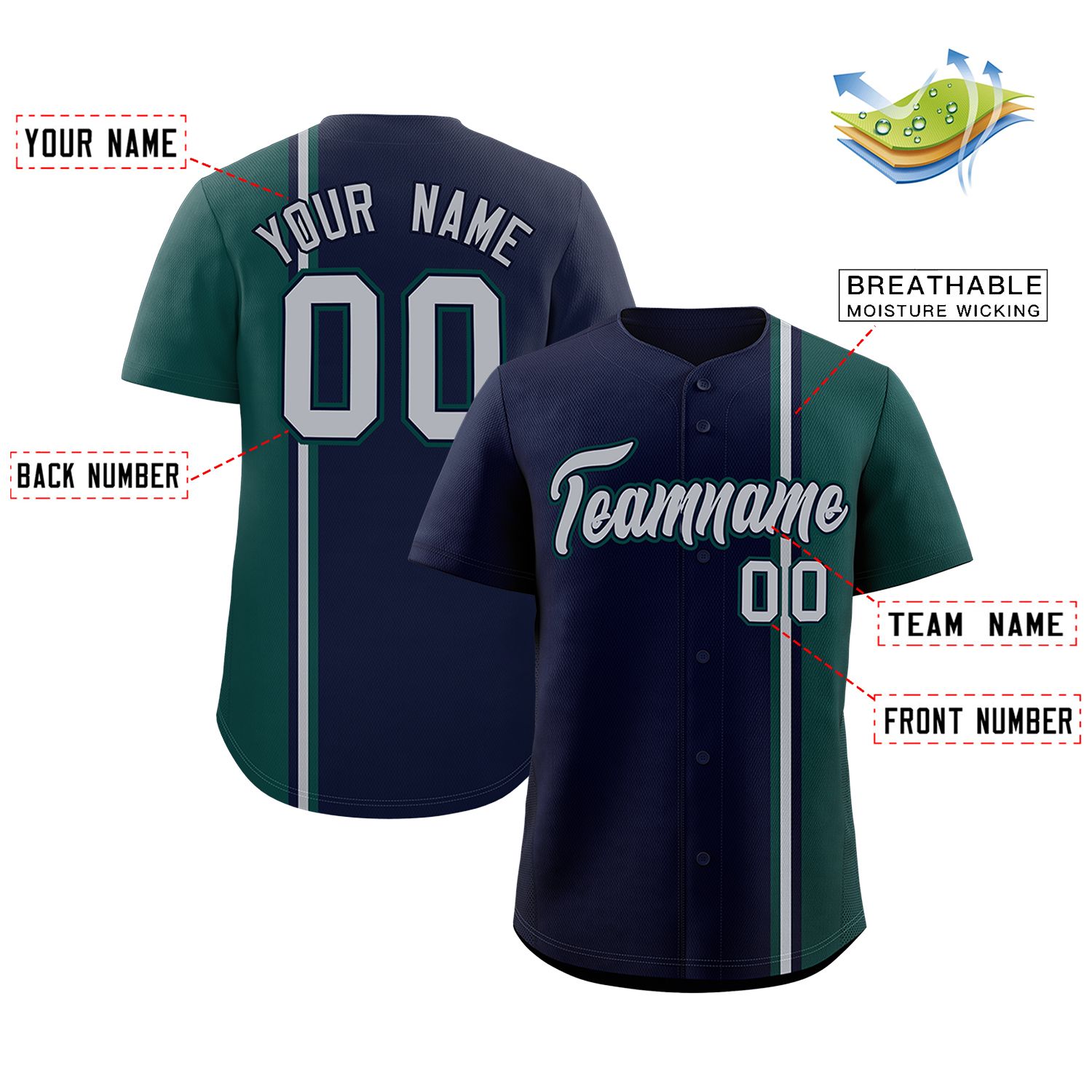 Custom Navy Midnight Green-Gray Personalized Color Block Authentic Baseball jersey