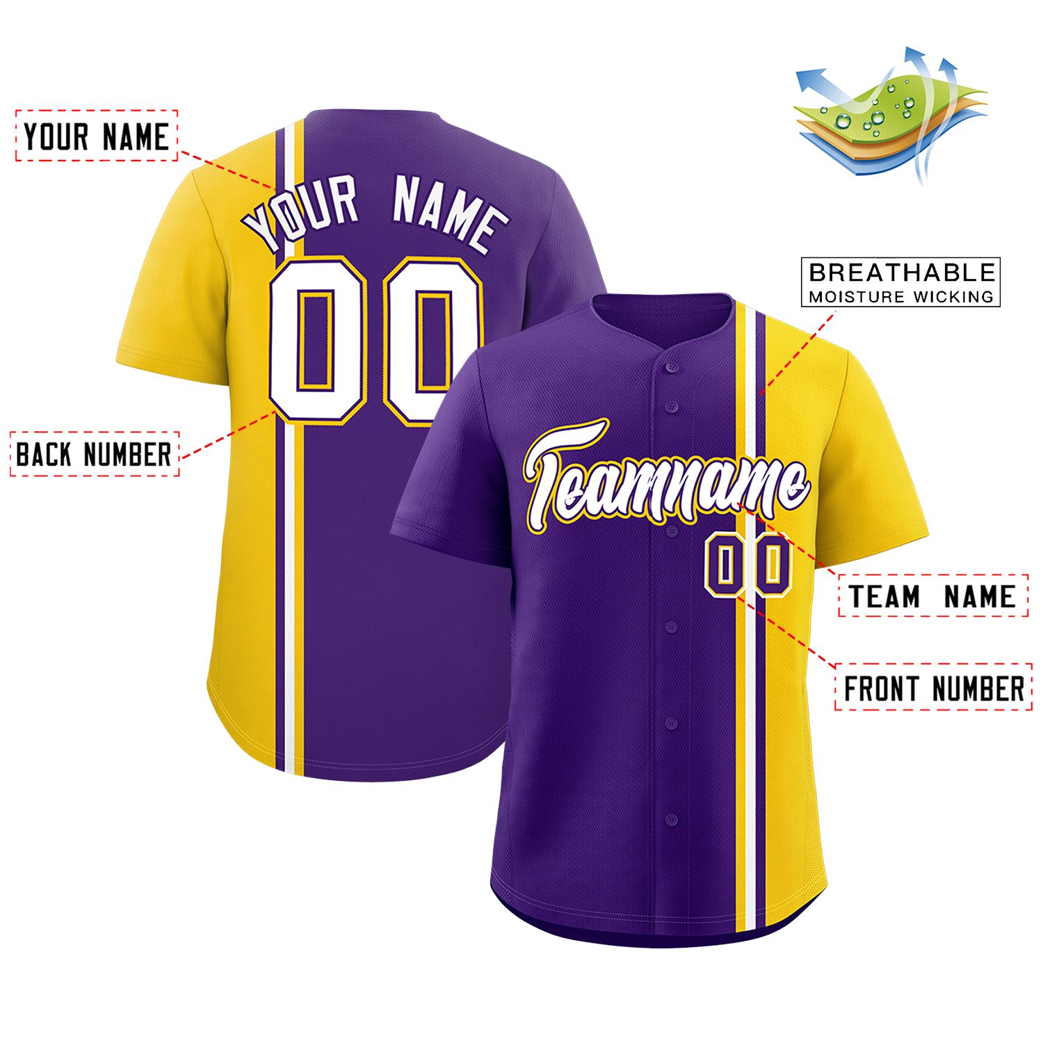 Custom Purple Gold-White Personalized Color Block Authentic Baseball jersey