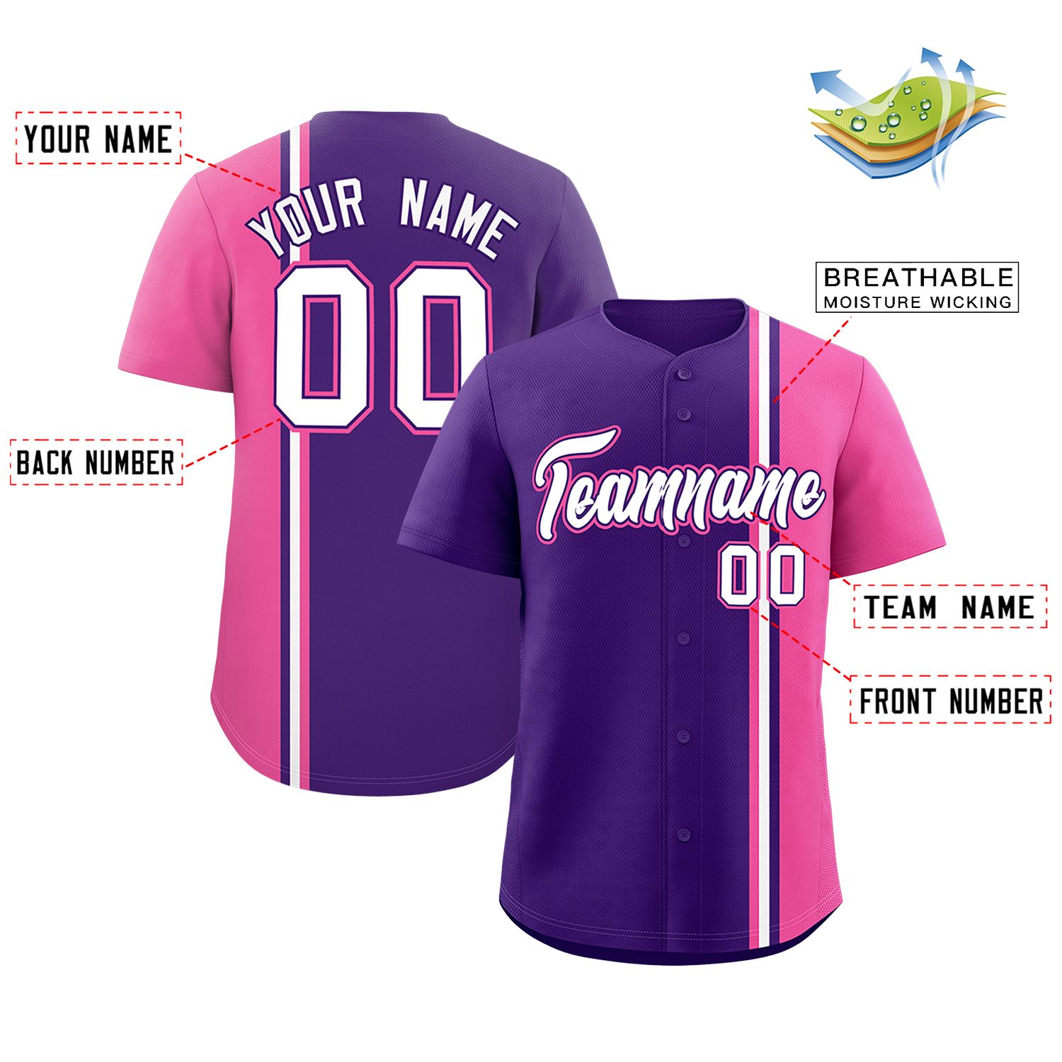 Custom Purple Pink-White Personalized Color Block Authentic Baseball jersey