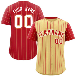 Custom Khaki Red Pinstripe Personalized Raglan Sleeves Authentic Baseball Jersey