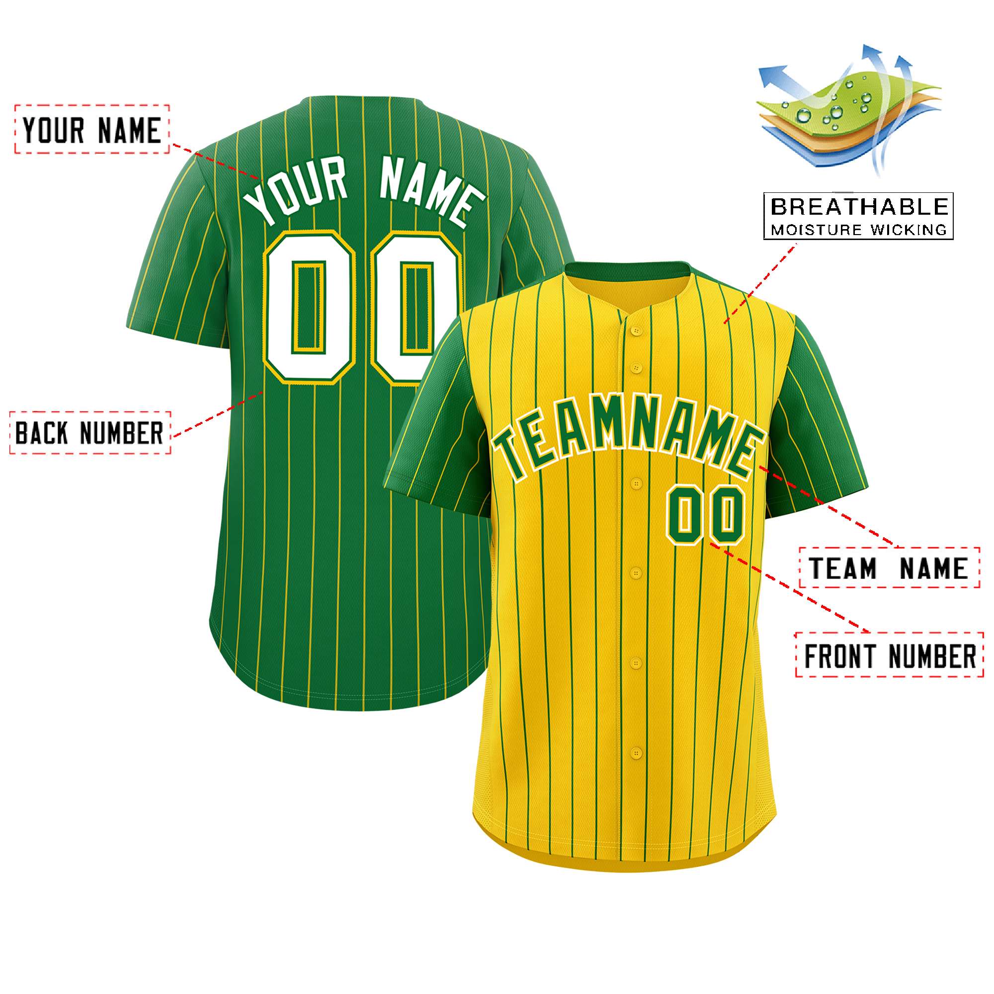 Custom Gold Kelly Green Pinstripe Personalized Raglan Sleeves Authentic Baseball Jersey