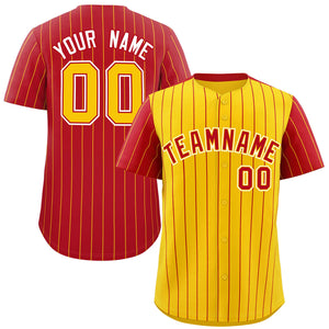 Custom Gold Red Pinstripe Personalized Raglan Sleeves Authentic Baseball Jersey