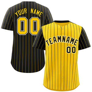 Custom Gold Black Pinstripe Personalized Raglan Sleeves Authentic Baseball Jersey