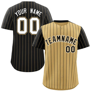 Custom Old Gold Black Pinstripe Personalized Raglan Sleeves Authentic Baseball Jersey