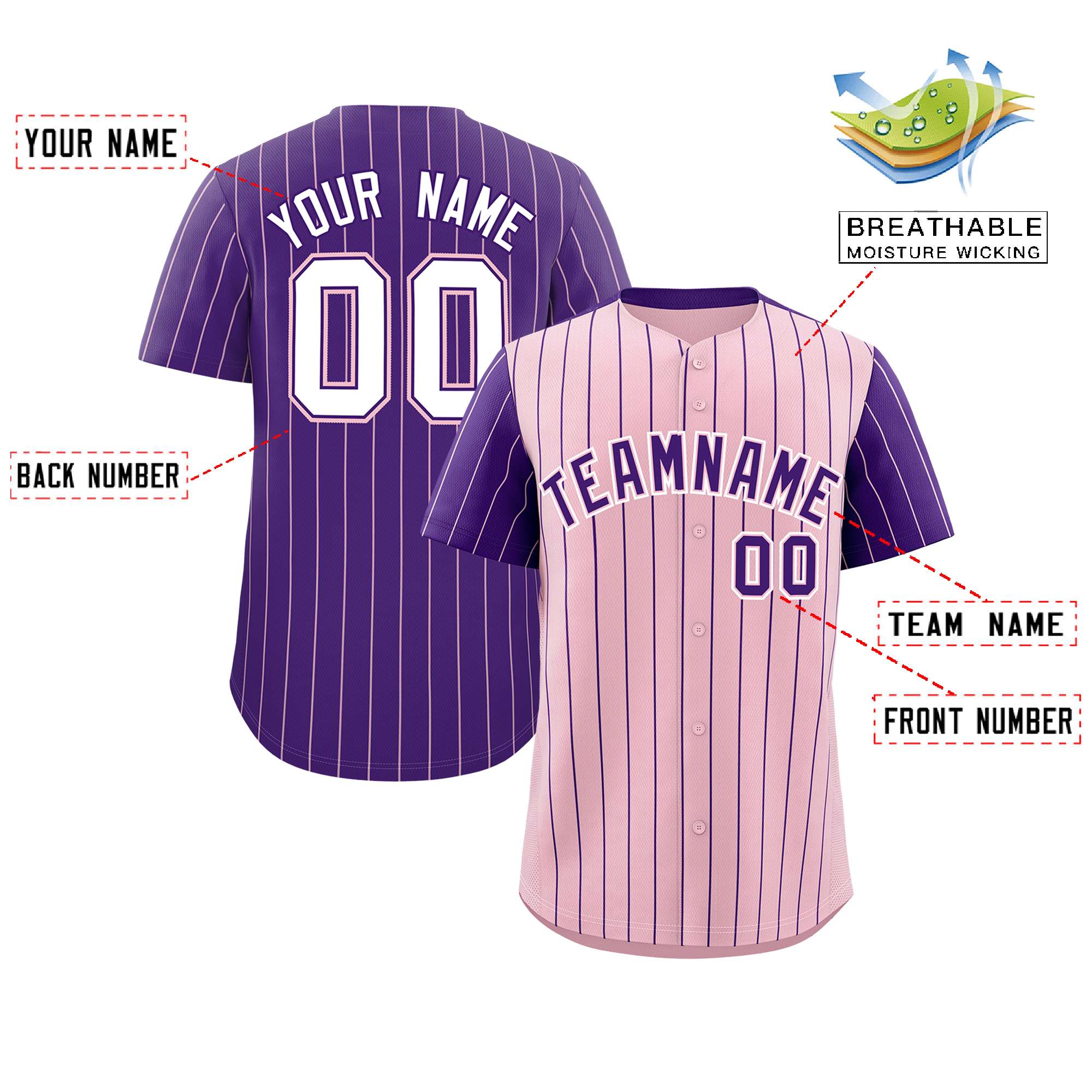 Custom Light Pink Purple Pinstripe Personalized Raglan Sleeves Authentic Baseball Jersey