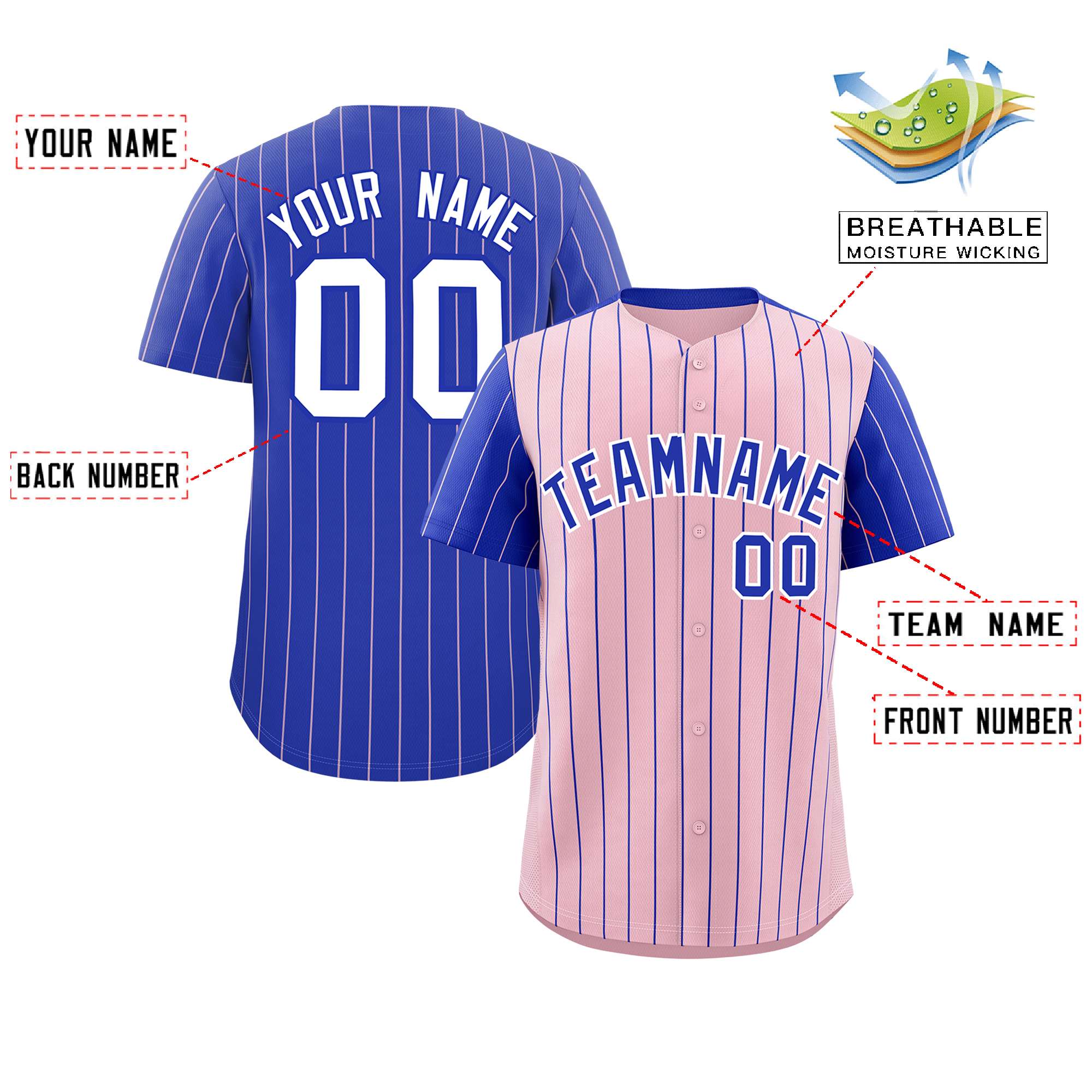 Custom Light Pink Royal Pinstripe Personalized Raglan Sleeves Authentic Baseball Jersey