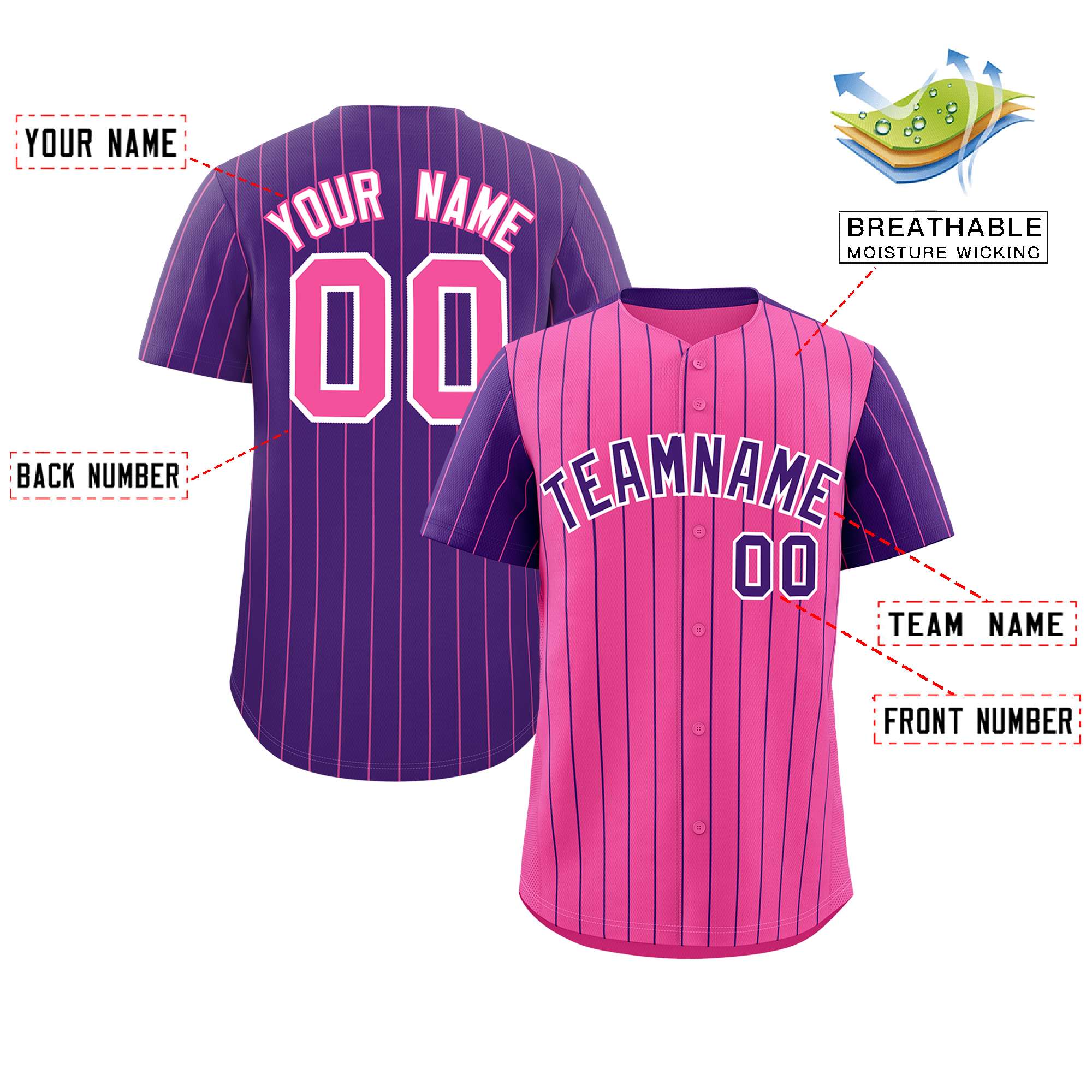 Custom Pink Purple Pinstripe Personalized Raglan Sleeves Authentic Baseball Jersey